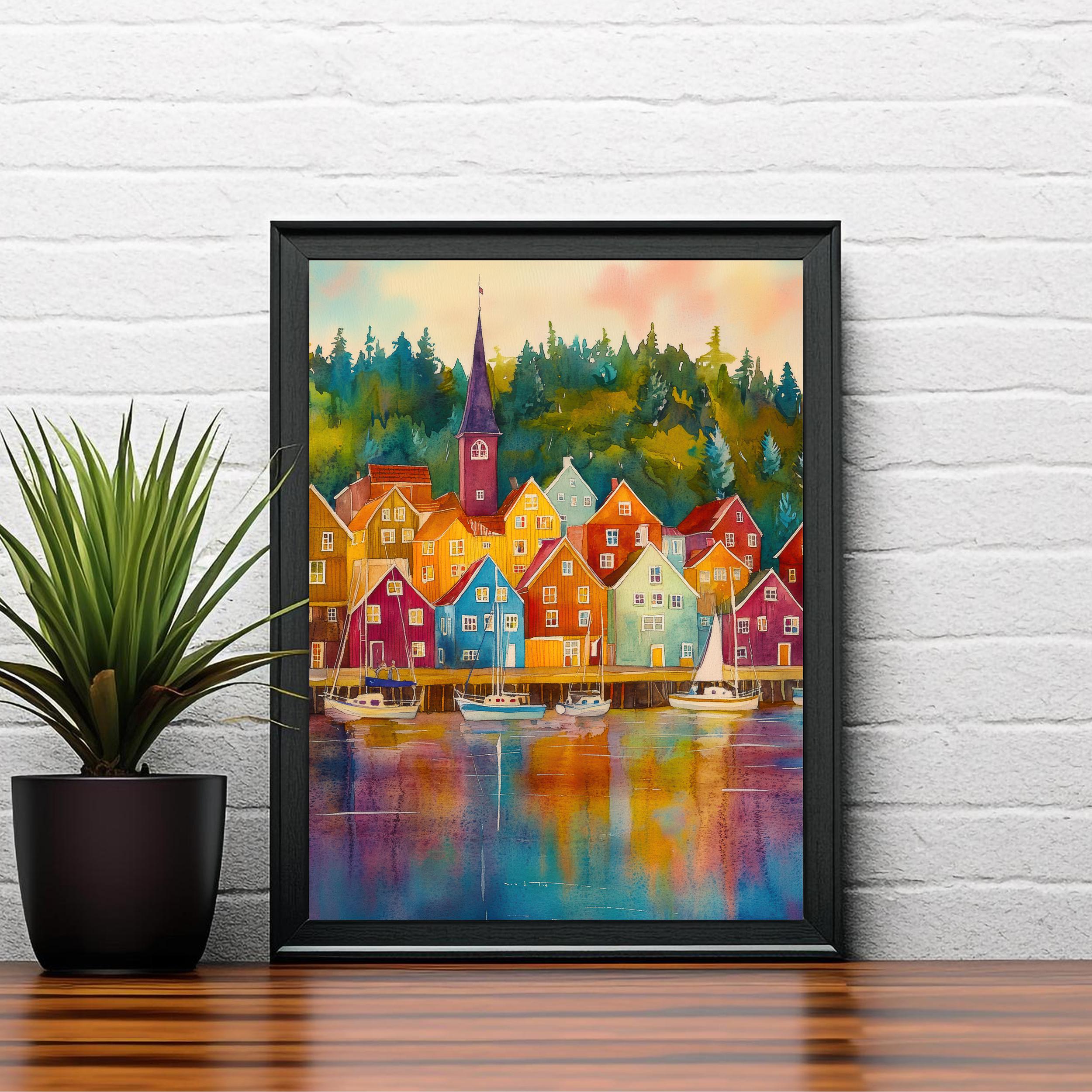 Bergen Watercolor Poster Painting Norway Wall Art Scandinavian City Print Colorful Harbour Decor Gift for Europe Lovers and Nordic Landscape