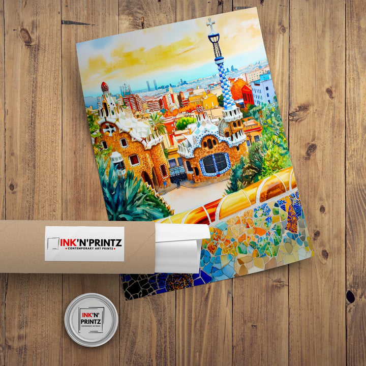 Park Guell Barcelona Travel Poster Print Spain Wall Art Gaudi Architecture Decor Gift for Europe Lovers and Fans of Scenic Spanish City