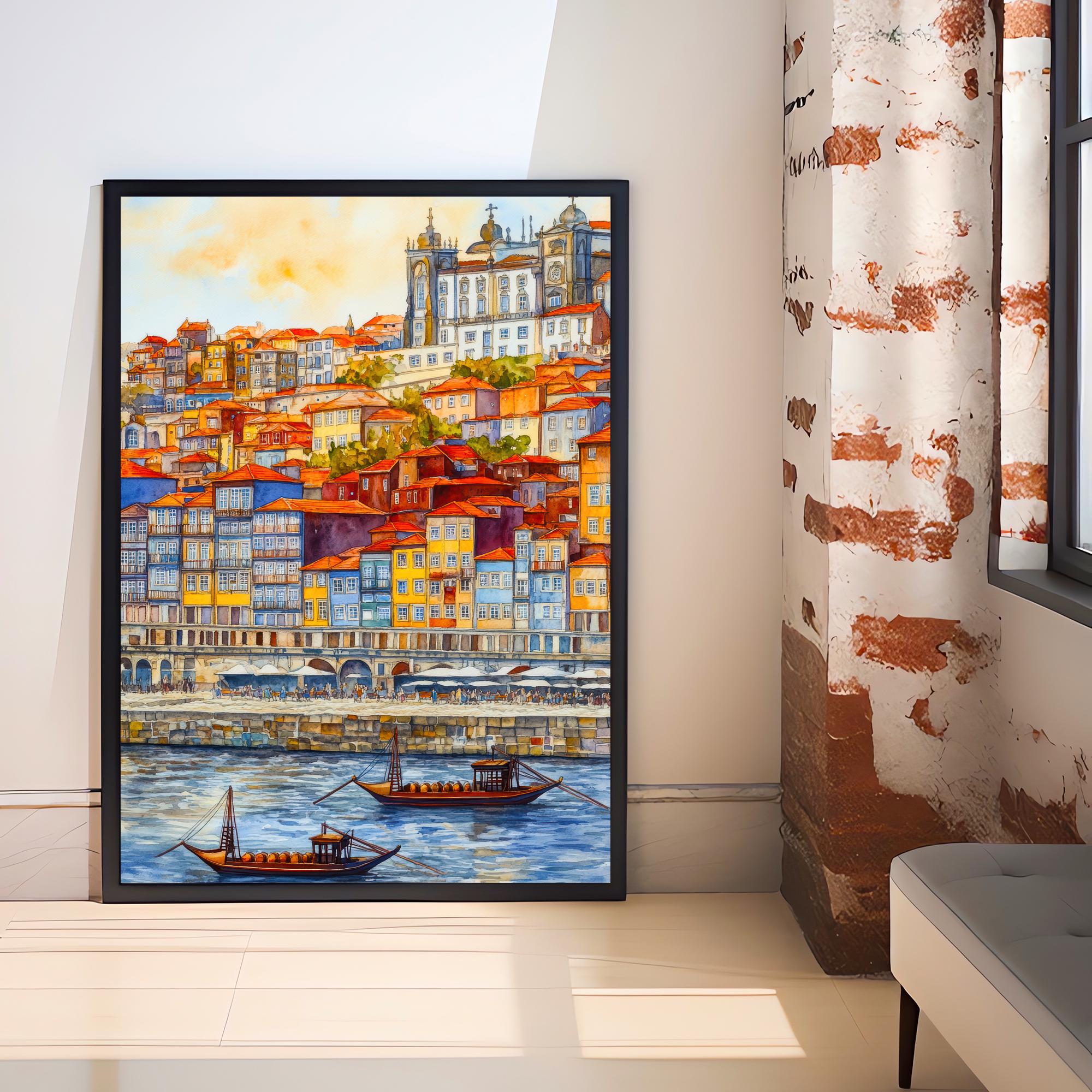 Porto Watercolor Painting Poster Portugal Wall Art Douro River City Print Decor Gift for Europe Lovers and Fans of Scenic Portuguese