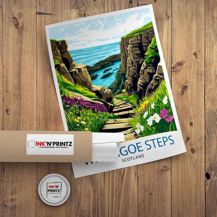 Whaligoe Steps Wick Scotland Travel Poster Print Coastal Wall Art Landscape Gift for UK Nature Lovers and Fans of Scenic Scottish