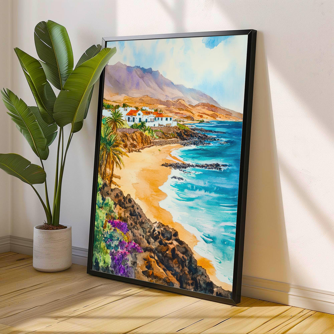 Fuerteventura Watercolour Painting Poster Canary Islands Spain Wall Art Coastal Landscape Print Gift for Europe Lovers and Fans of Scenic