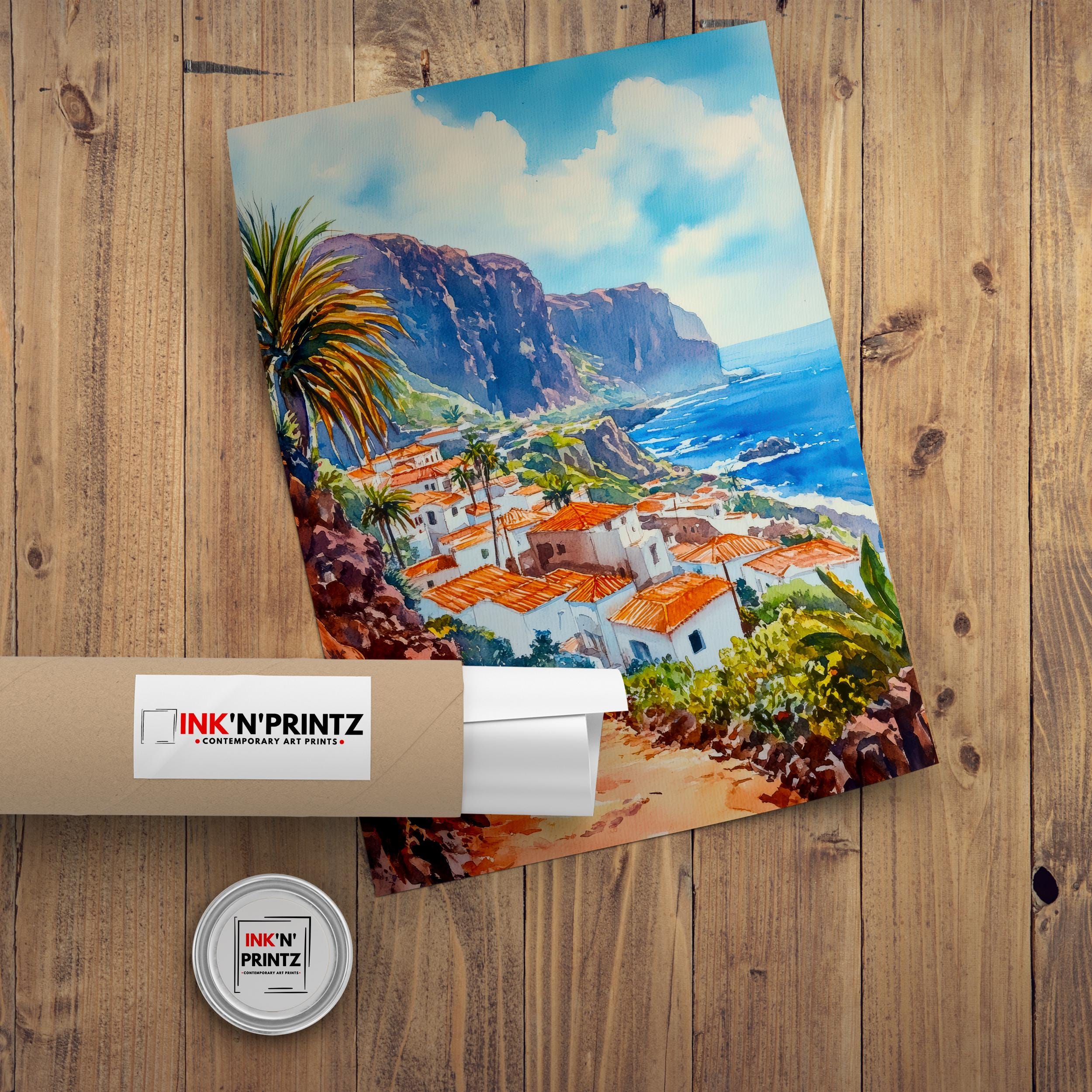 Las Palmas Watercolor Painting Poster Gran Canaria Spain Wall Art Coastal City Landscape Print Gift for Europe Lovers and Fans of Scenic
