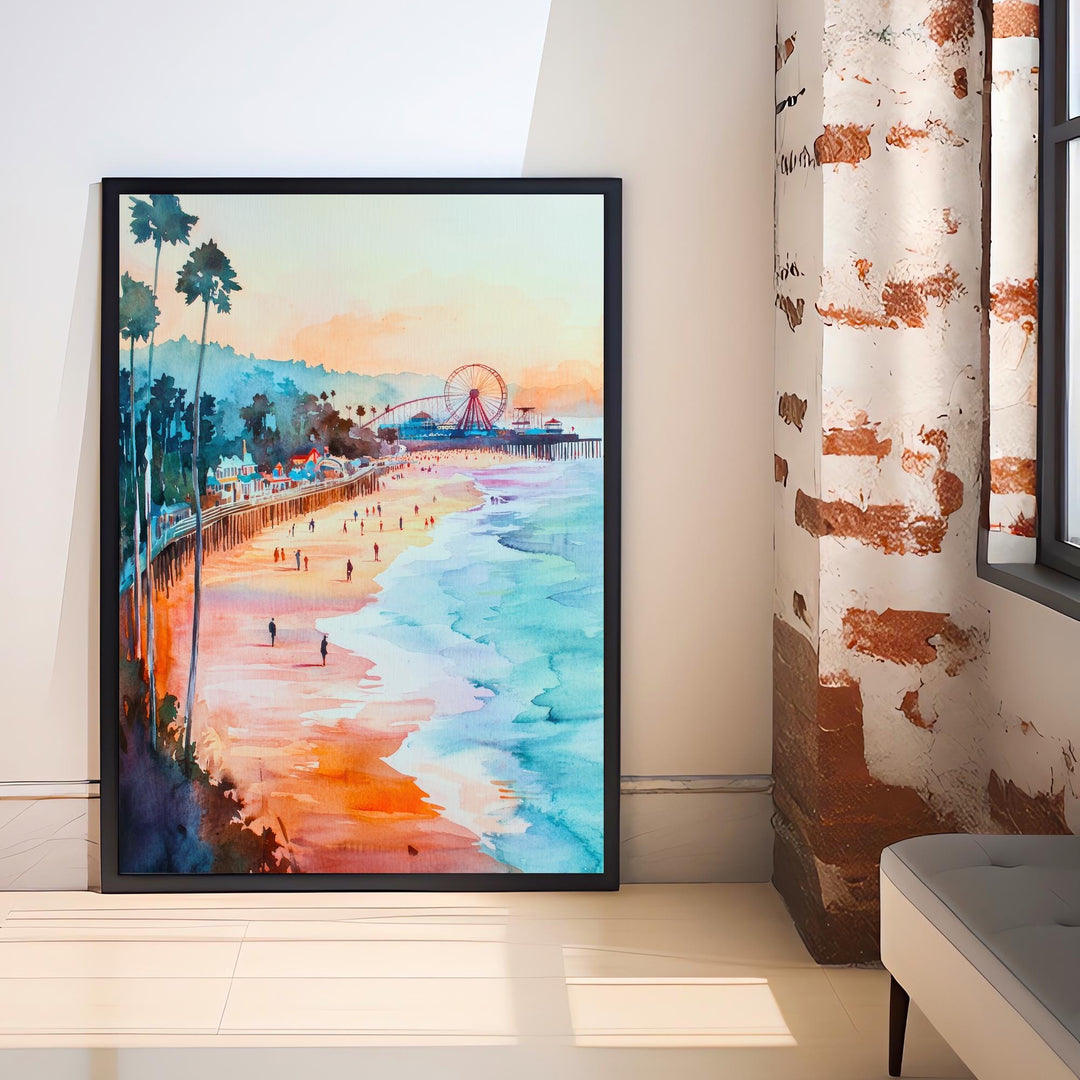 Santa Cruz California Watercolor Painting Poster USA Wall Art Coastal City Landscape Print Gift for American Travel Lovers and Fans
