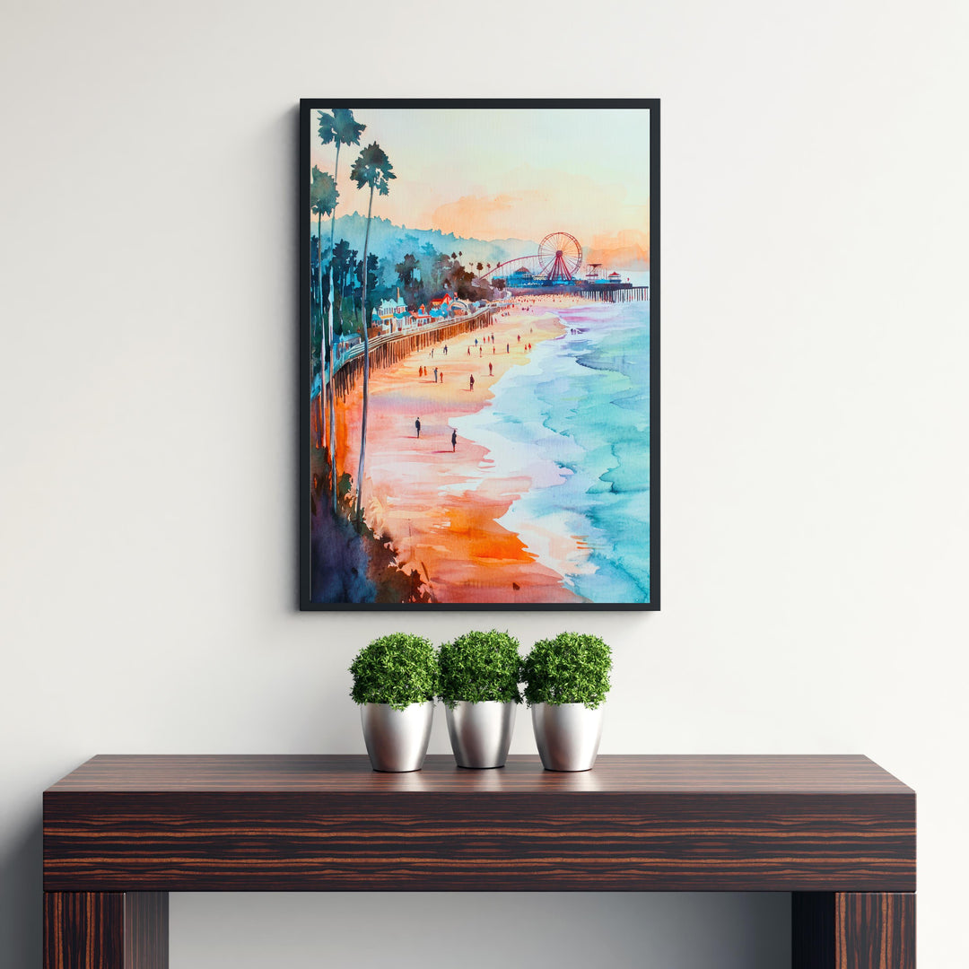 Santa Cruz California Watercolor Painting Poster USA Wall Art Coastal City Landscape Print Gift for American Travel Lovers and Fans