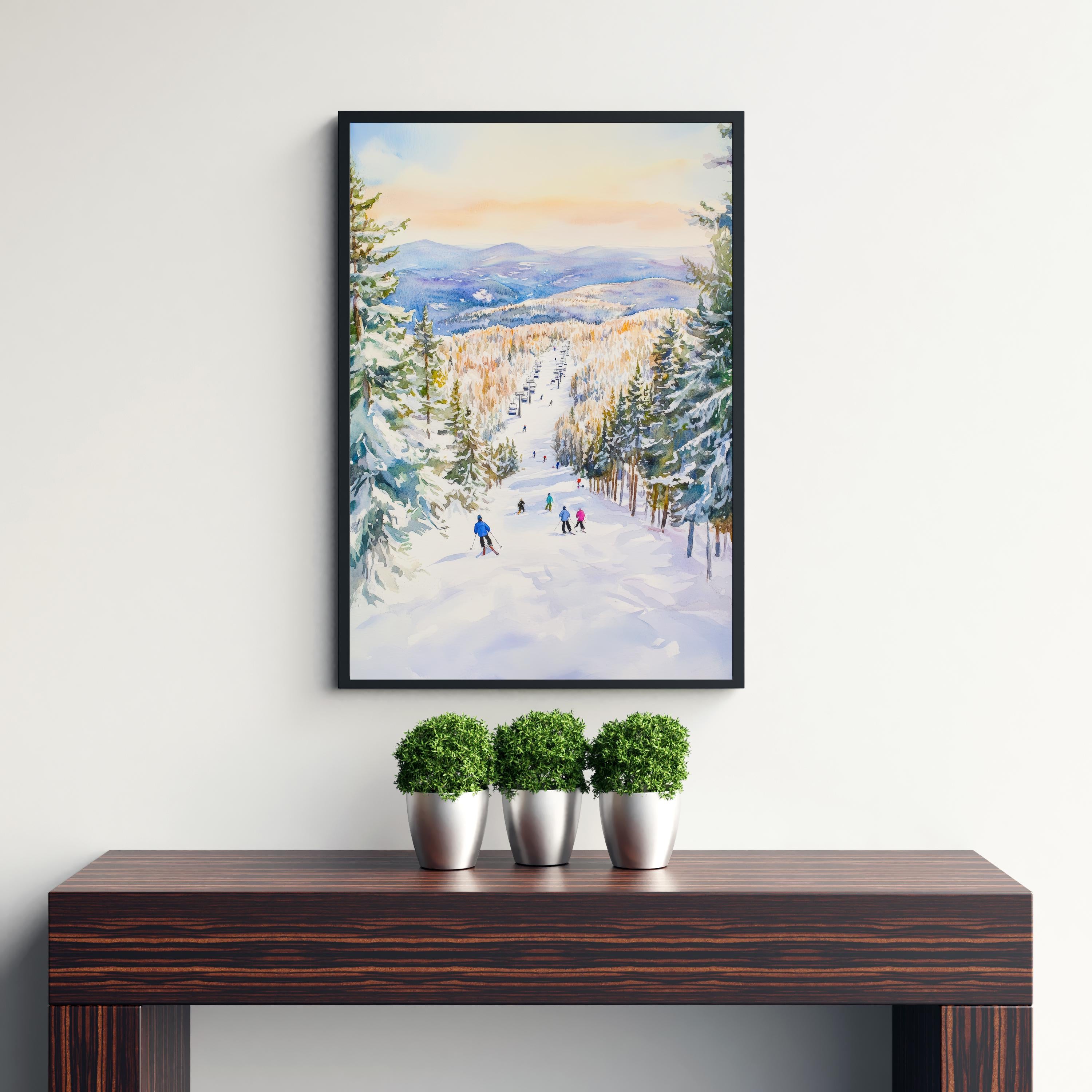 Sunday River Maine Watercolor Painting Poster USA Wall Art Mountain Landscape Print Gift for American Travel Lovers and Fans of Scenic