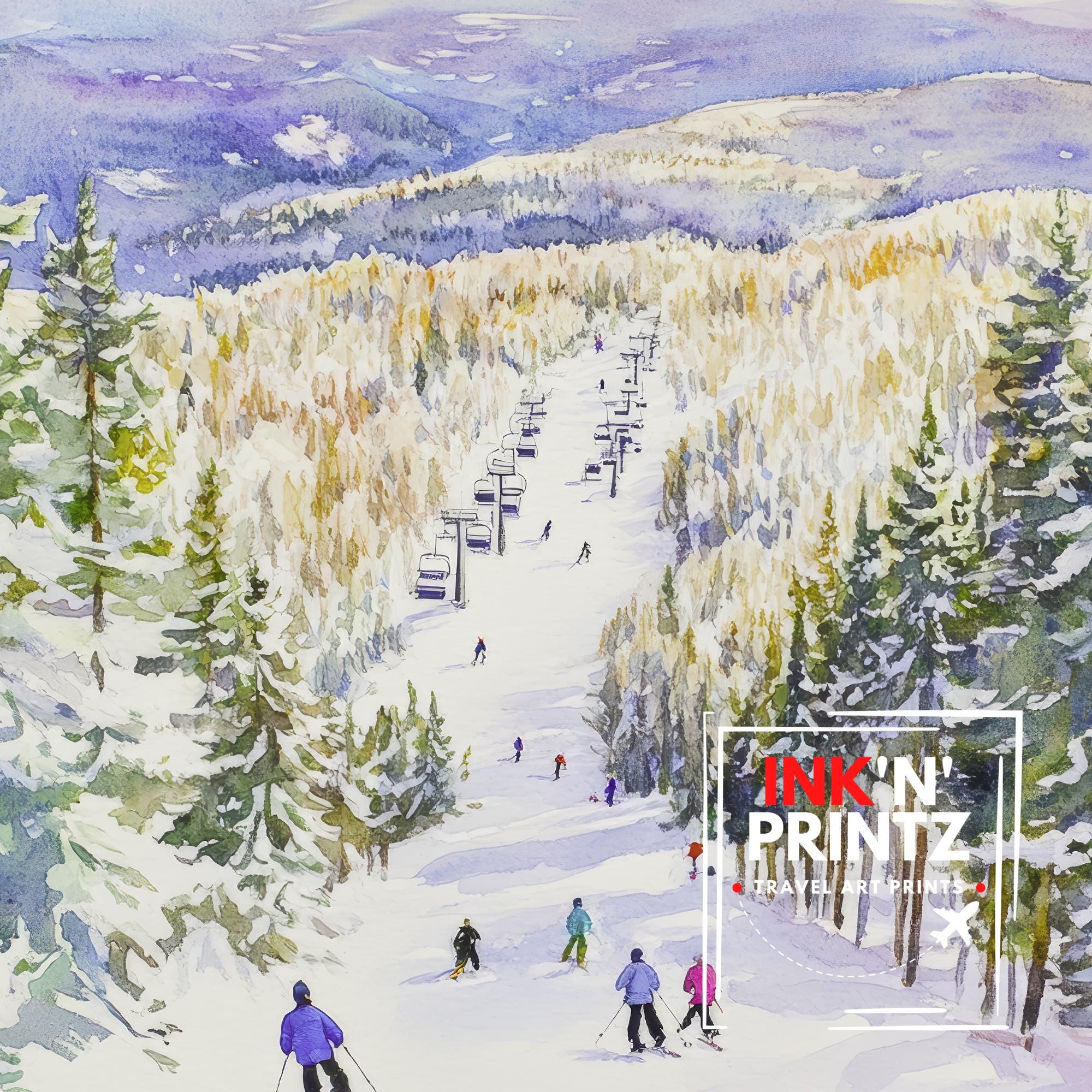 Sunday River Maine Watercolor Painting Poster USA Wall Art Mountain Landscape Print Gift for American Travel Lovers and Fans of Scenic