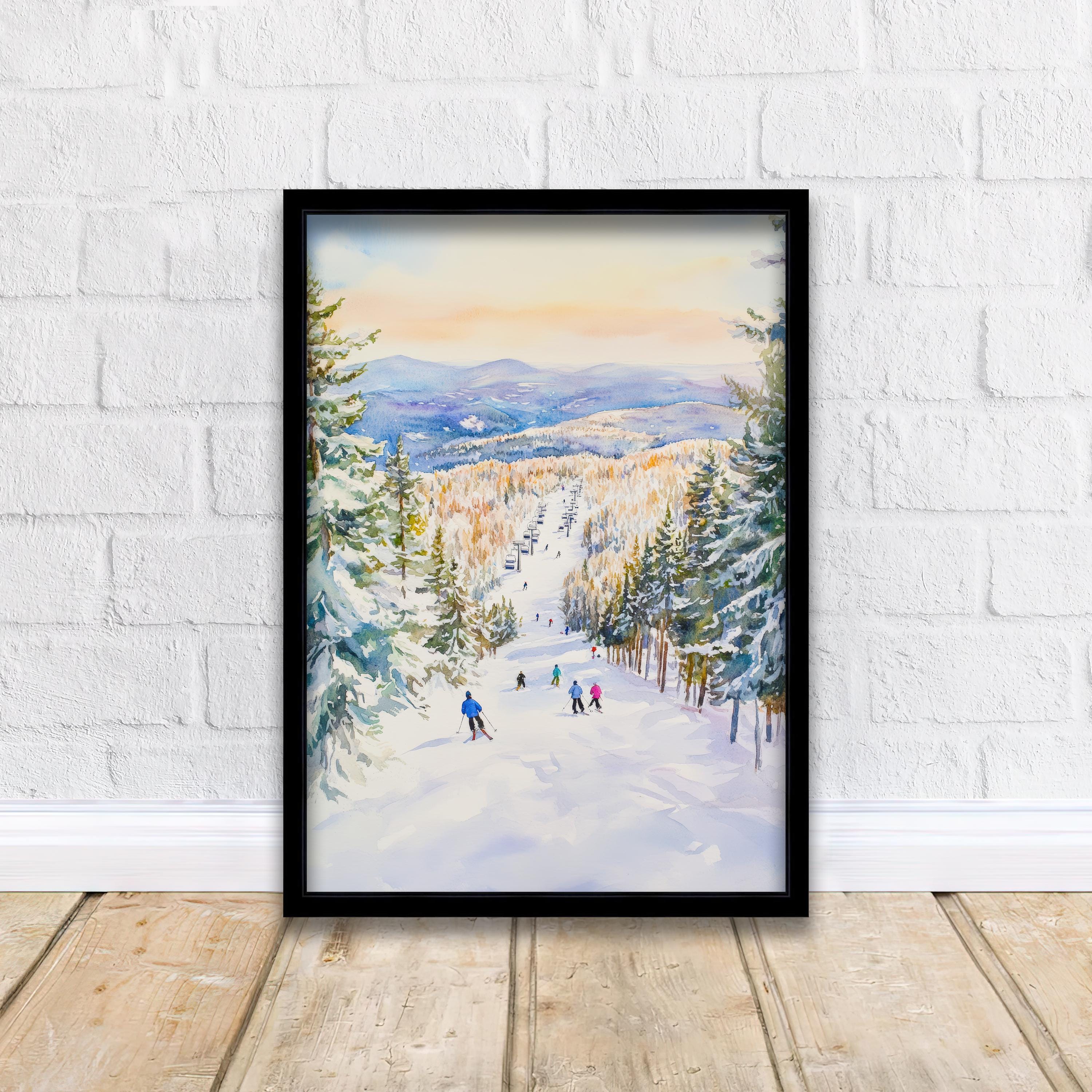Sunday River Maine Watercolor Painting Poster USA Wall Art Mountain Landscape Print Gift for American Travel Lovers and Fans of Scenic