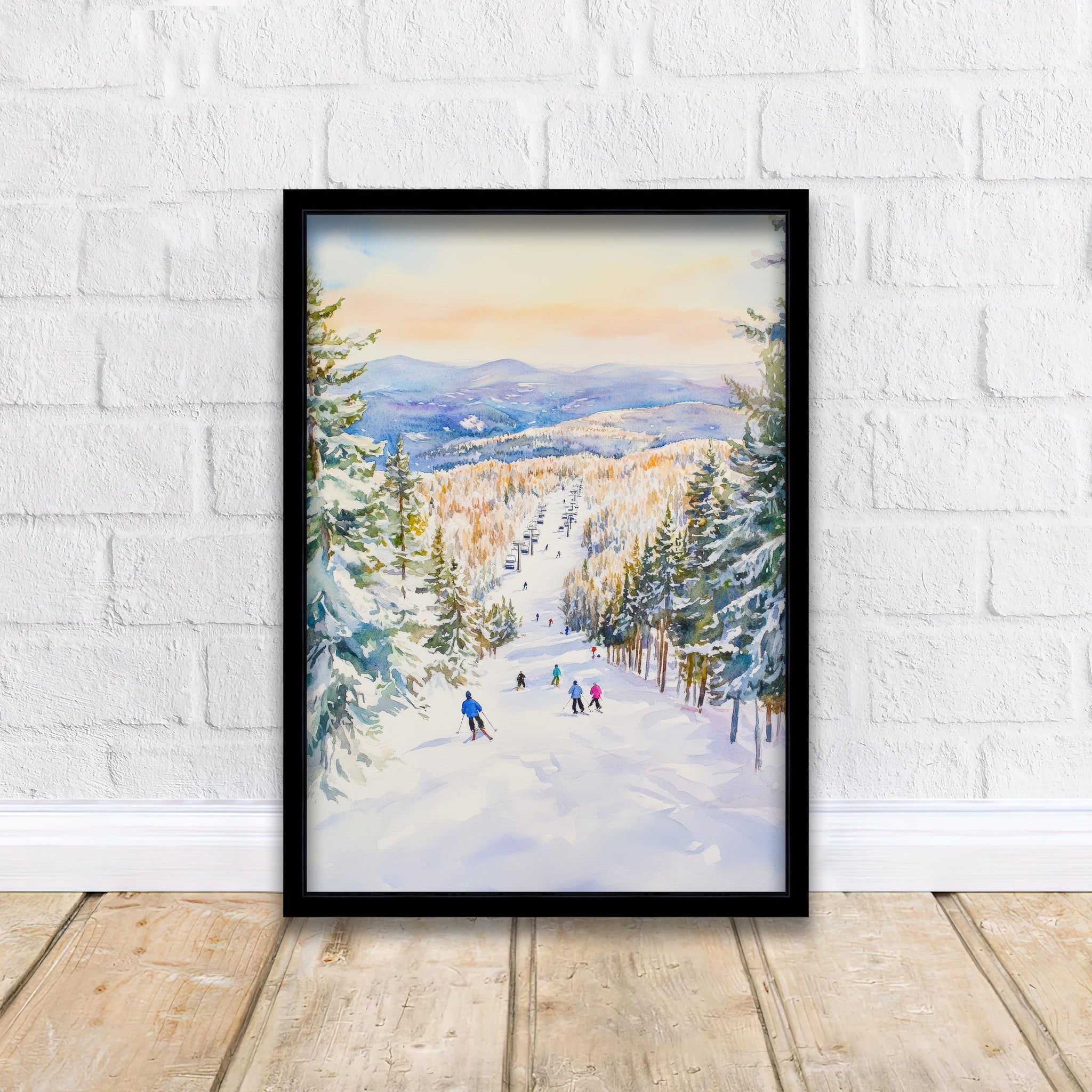 Sunday River Maine Watercolor Painting Poster USA Wall Art Mountain Landscape Print Gift for American Travel Lovers and Fans of Scenic