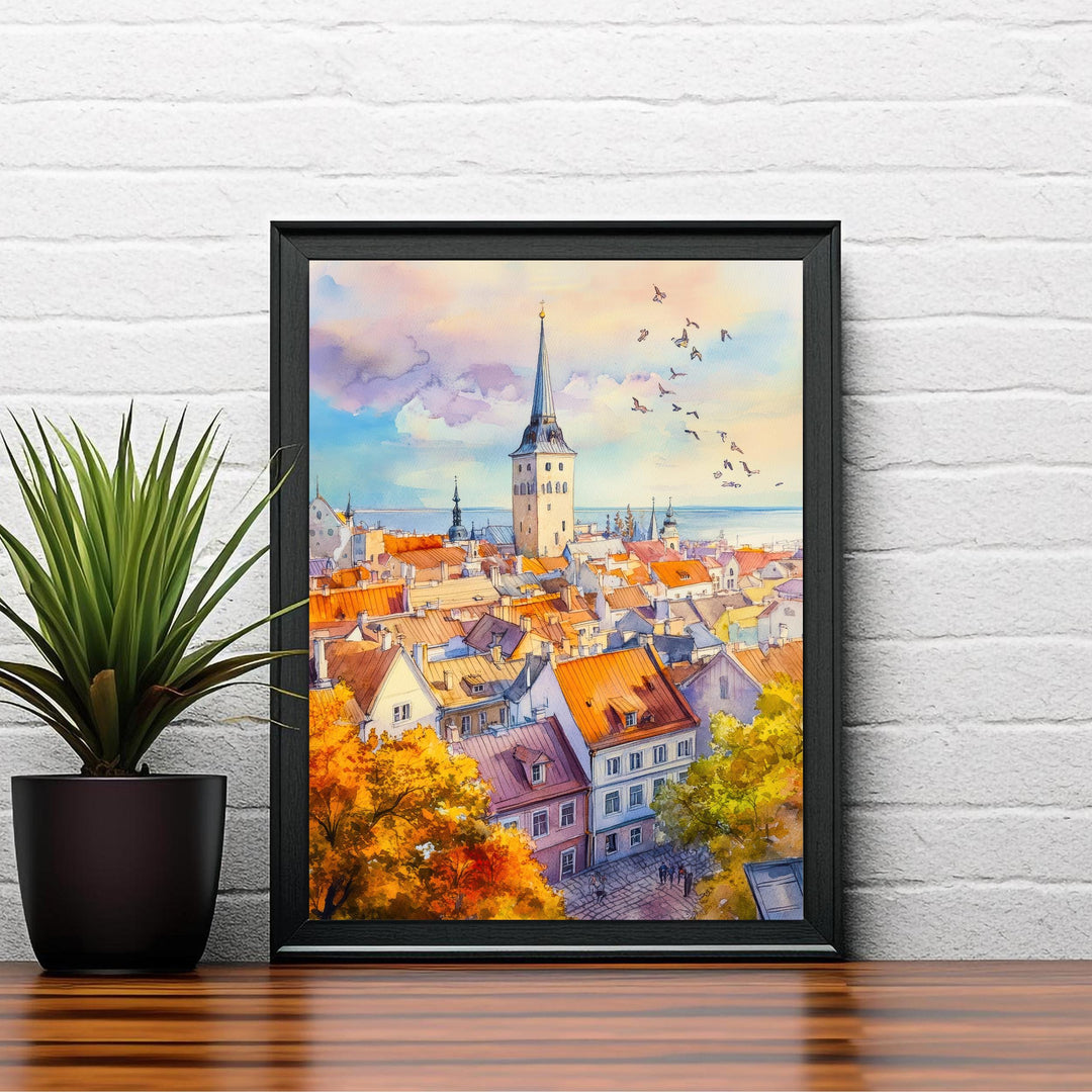 Tallinn Estonia Watercolor Painting Poster Wall Art Historic City Landscape Print Gift for Europe Travel Lovers and Fans of Scenic Baltic