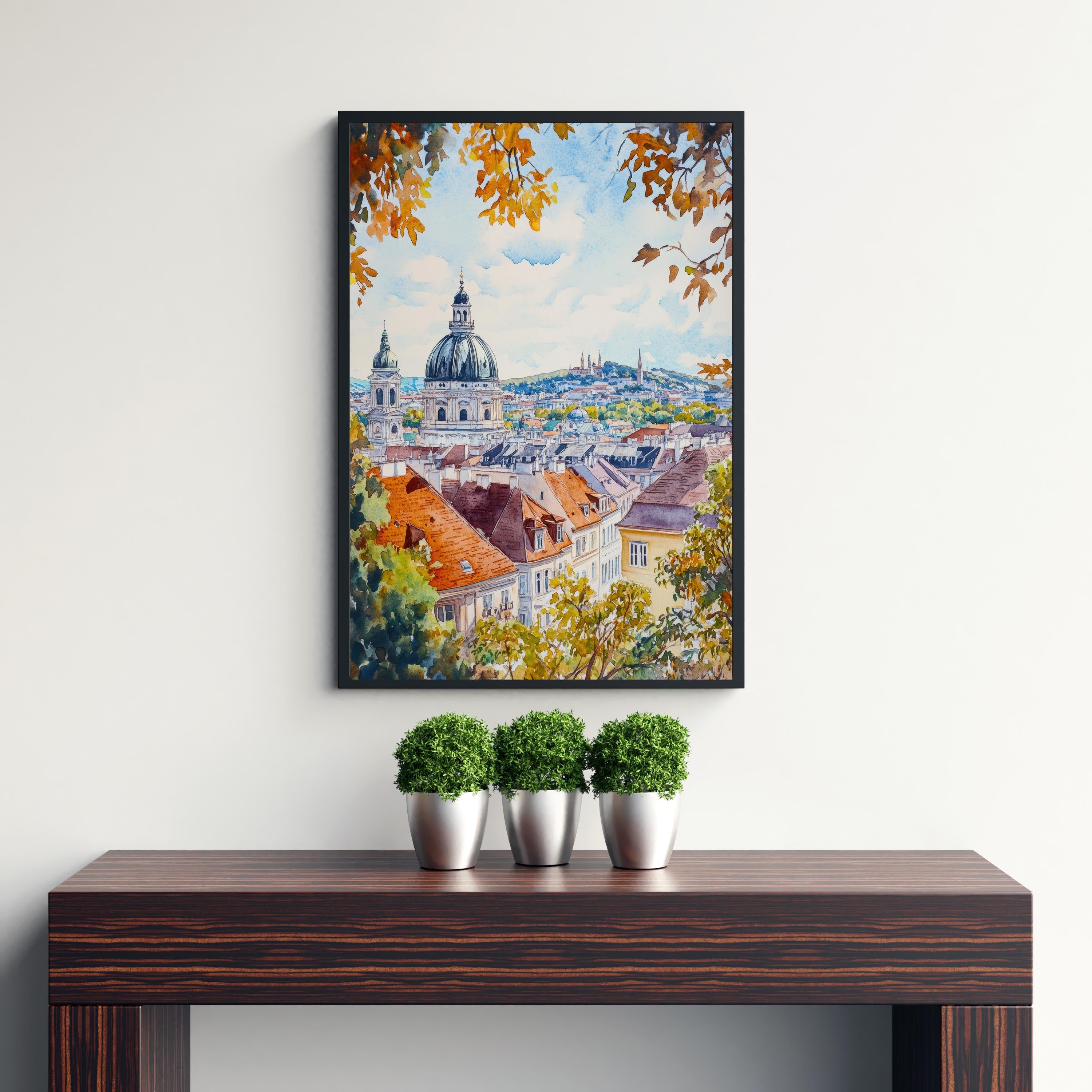 Vienna Watercolor Painting Poster Austria Wall Art Historic City Landscape Print Gift for Europe Travel Lovers and Fans of Scenic Austrian