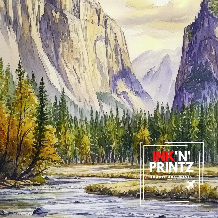 Yosemite National Park Watercolor Painting Poster USA Wall Art Mountain Landscape Print Gift for American Travel Lovers