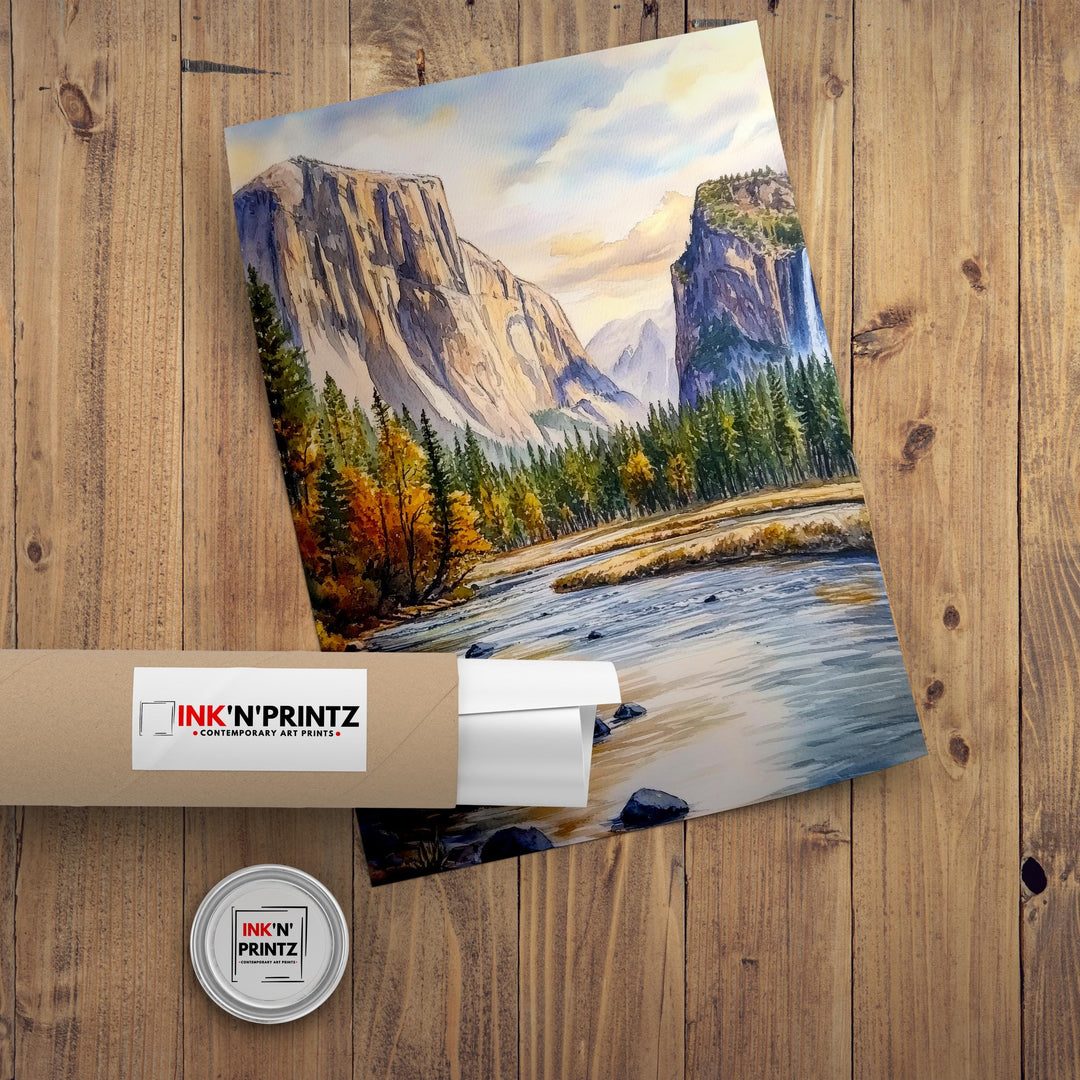 Yosemite National Park Watercolor Painting Poster USA Wall Art Mountain Landscape Print Gift for American Travel Lovers