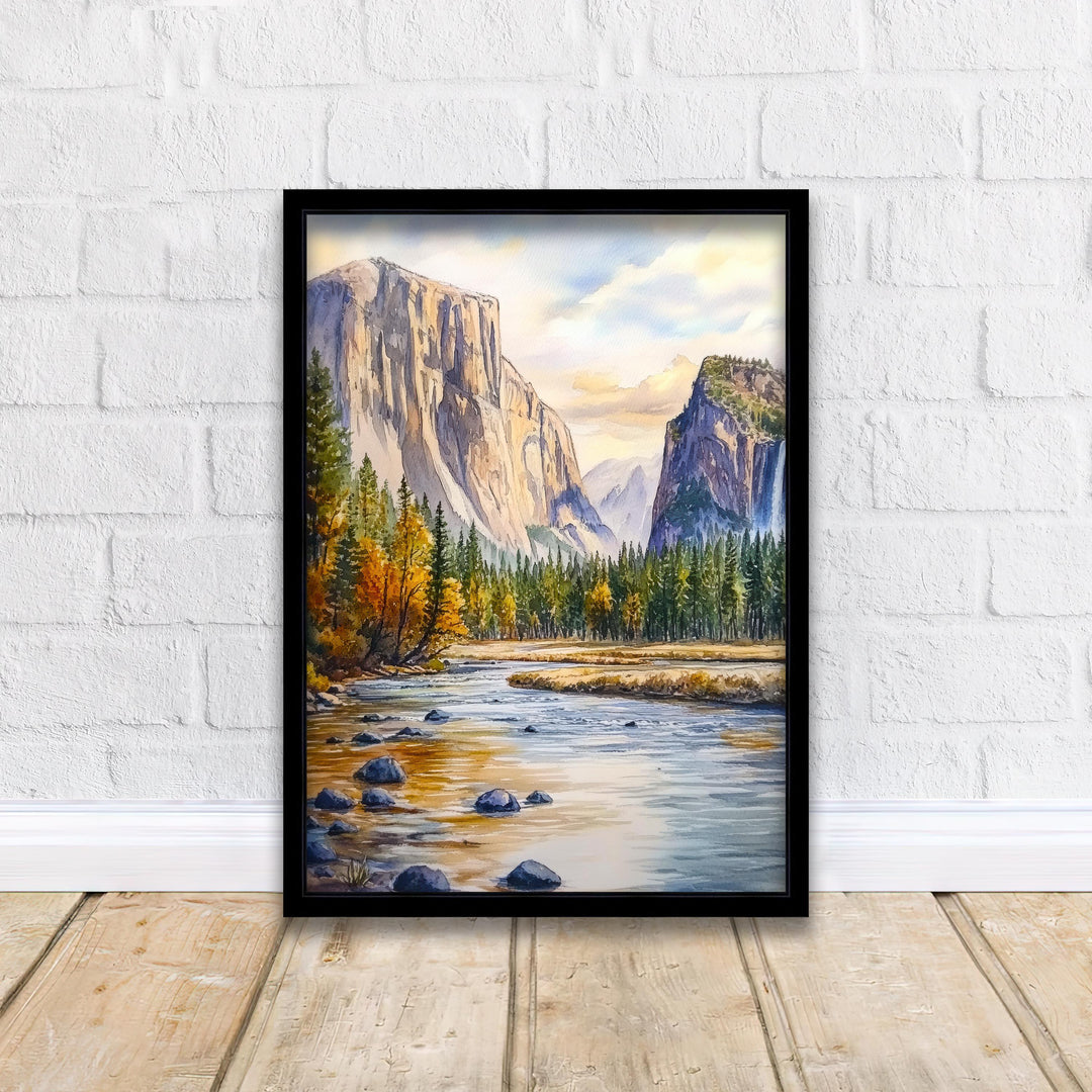 Yosemite National Park Watercolor Painting Poster USA Wall Art Mountain Landscape Print Gift for American Travel Lovers