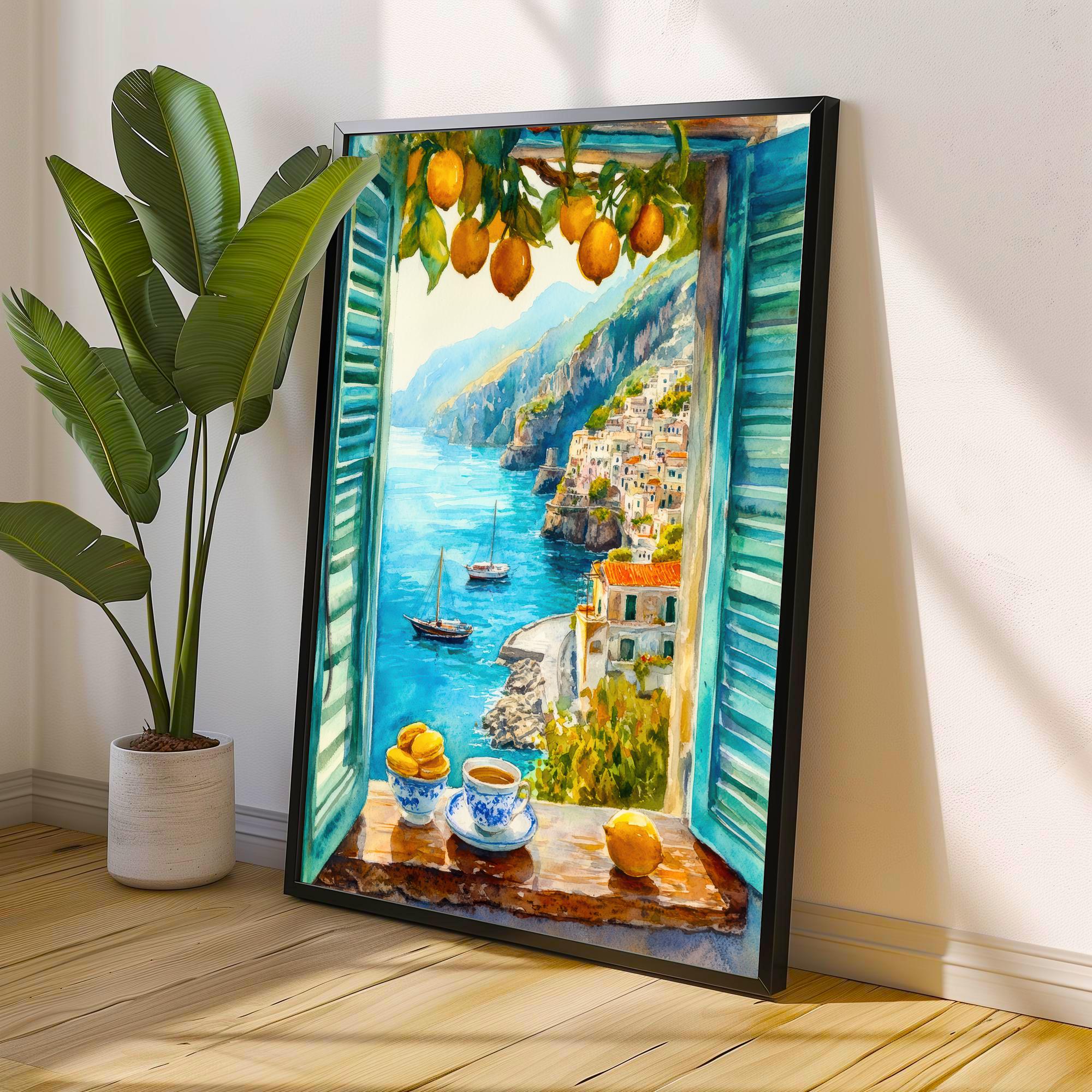 Amalfi Coast Watercolor Painting Poster Italy Wall Art Mediterranean Coastal Print Scenic Landscape Decor Gift for Europe Lovers and Italian