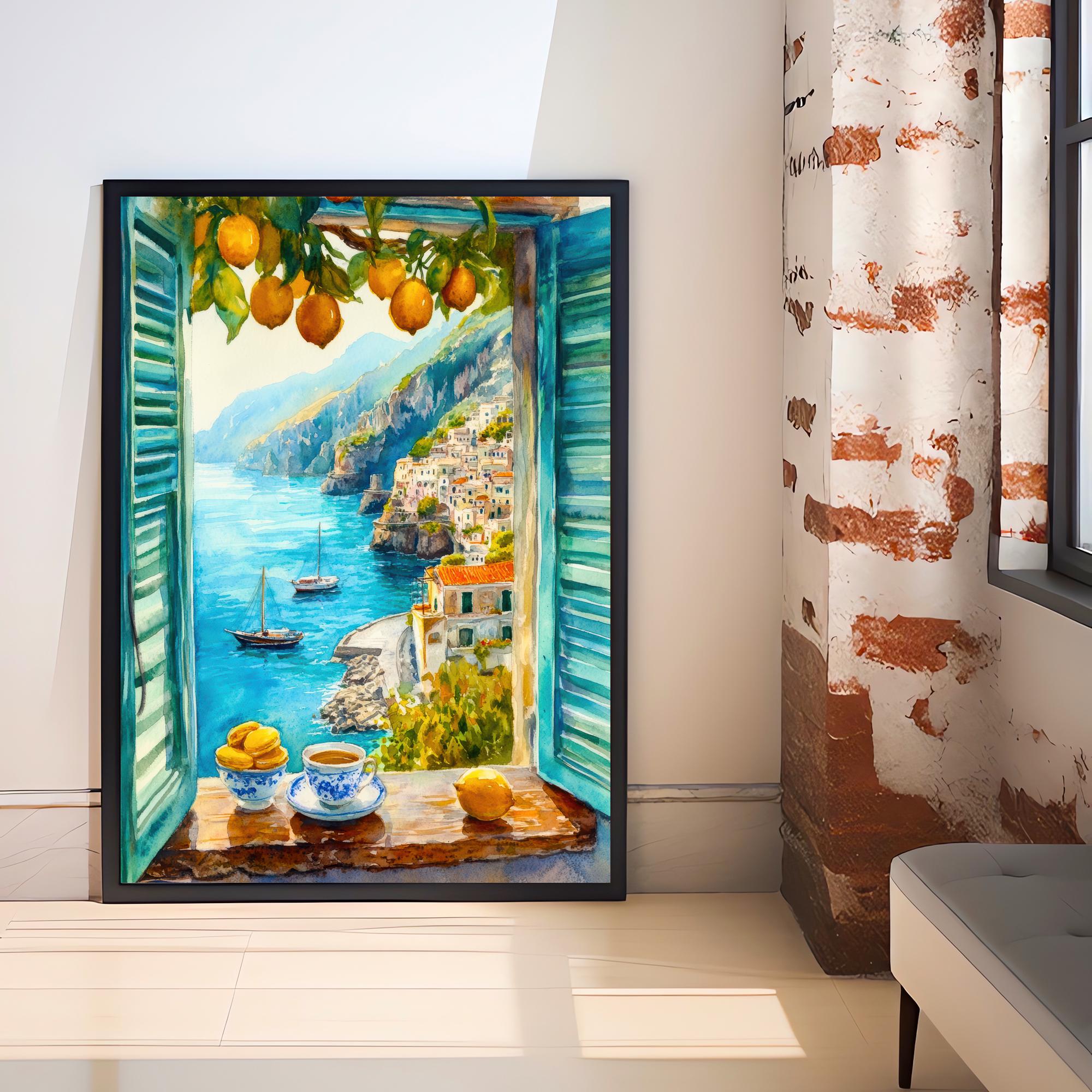 Amalfi Coast Watercolor Painting Poster Italy Wall Art Mediterranean Coastal Print Scenic Landscape Decor Gift for Europe Lovers and Italian