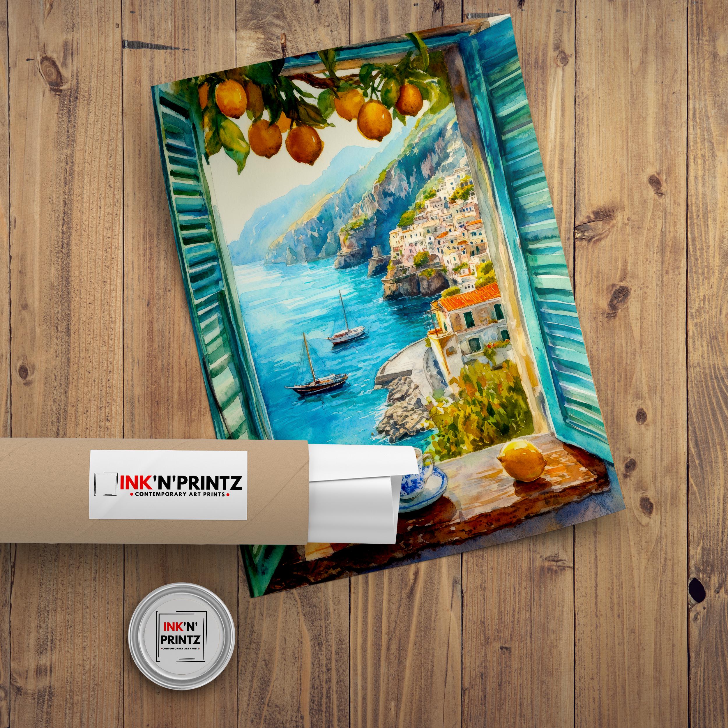 Amalfi Coast Watercolor Painting Poster Italy Wall Art Mediterranean Coastal Print Scenic Landscape Decor Gift for Europe Lovers and Italian