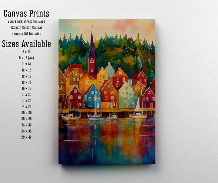 Bergen Watercolor Travel Poster Painting Norway Wall Art Scandinavian City Print Bryggen Harbour Decor Gift for Europe Lovers and Nordic