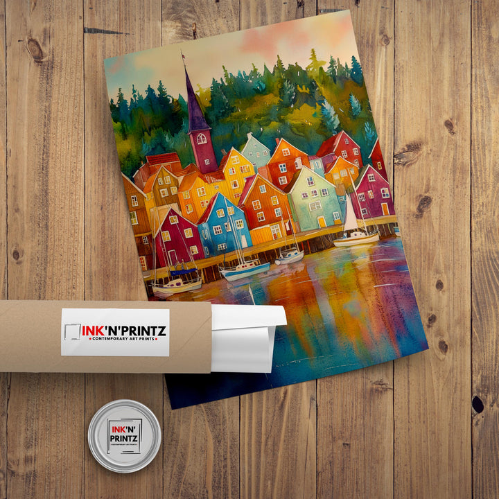 Bergen Watercolor Travel Poster Painting Norway Wall Art Scandinavian City Print Bryggen Harbour Decor Gift for Europe Lovers and Nordic