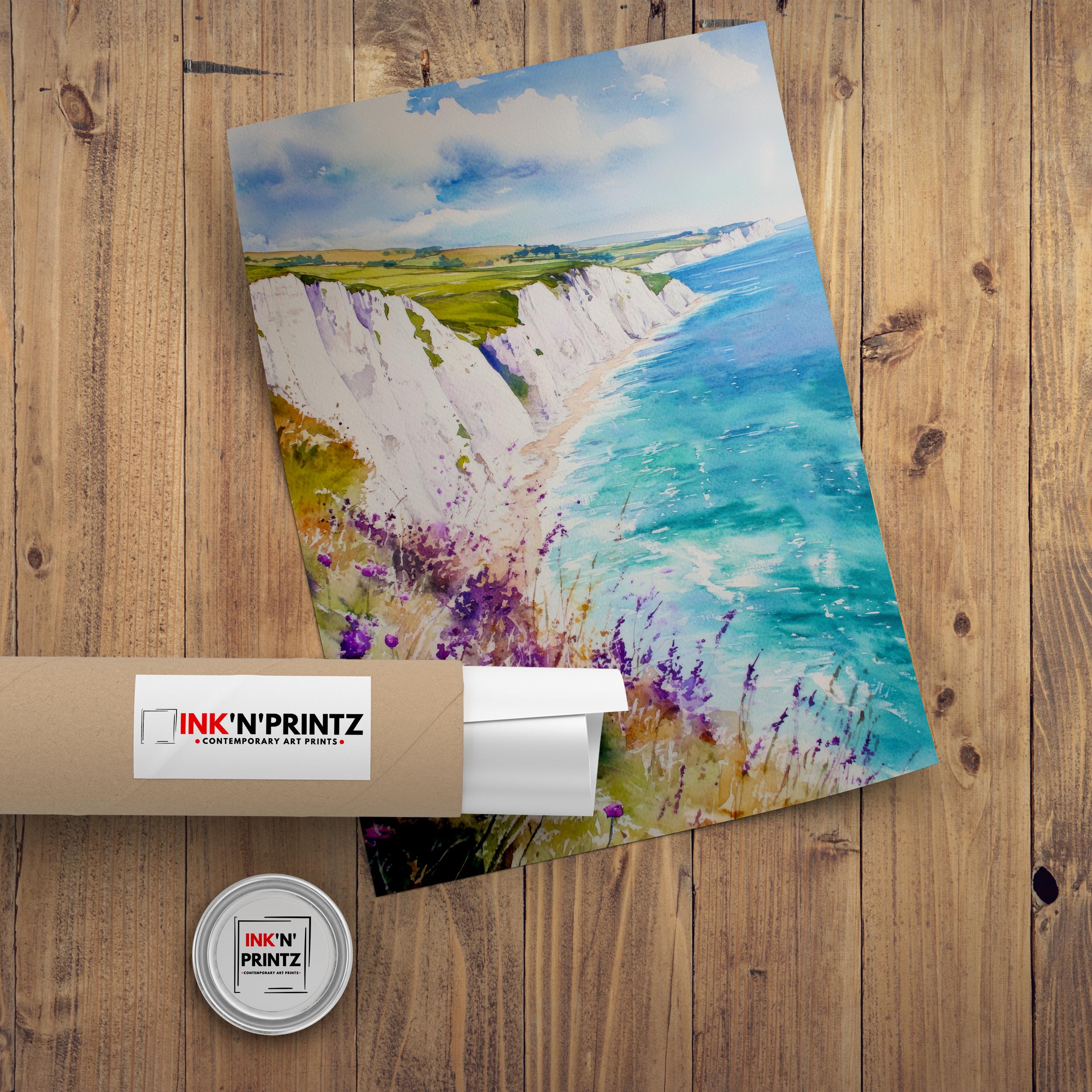 Isle of Wight Watercolor Painting Poster England Wall Art Coastal Landscape Print Gift for UK Beach Lovers and Fans of Scenic British Island