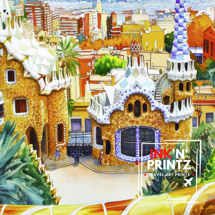Parc Guell Watercolour Painting Poster Barcelona Spain Wall Art Gaudi Architecture Print Gift for Europe Lovers and Fans of Scenic Spanish