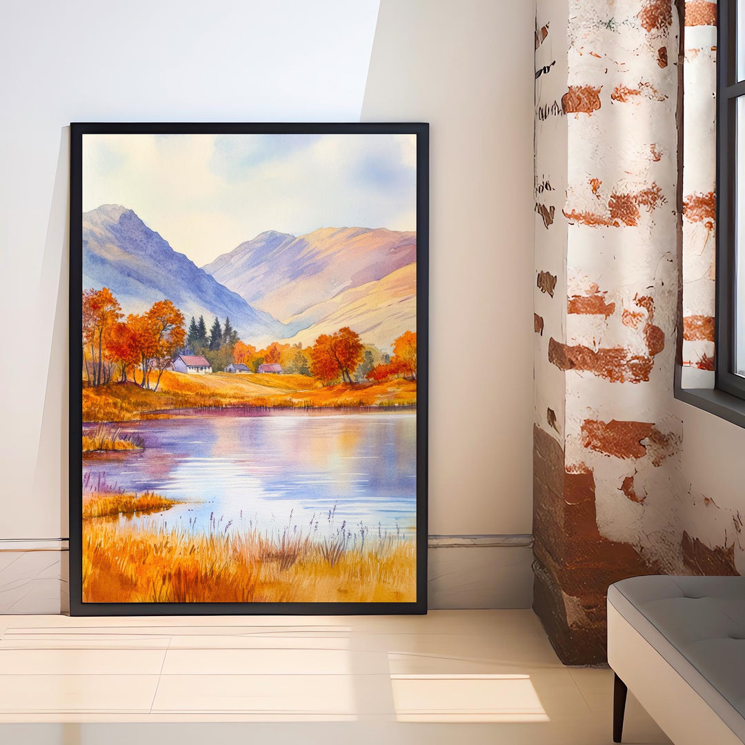 Scottish Highlands Watercolour Painting Poster Scotland Wall Art Mountain Landscape Print Gift for UK Nature Lovers and Fans of Scenic