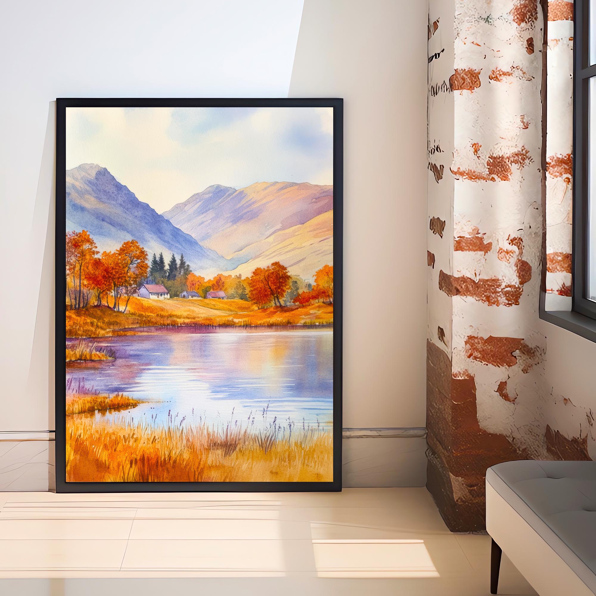 Scottish Highlands Watercolour Painting Poster Scotland Wall Art Mountain Landscape Print Gift for UK Nature Lovers and Fans of Scenic