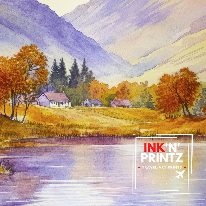 Scottish Highlands Watercolour Painting Poster Scotland Wall Art Mountain Landscape Print Gift for UK Nature Lovers and Fans of Scenic