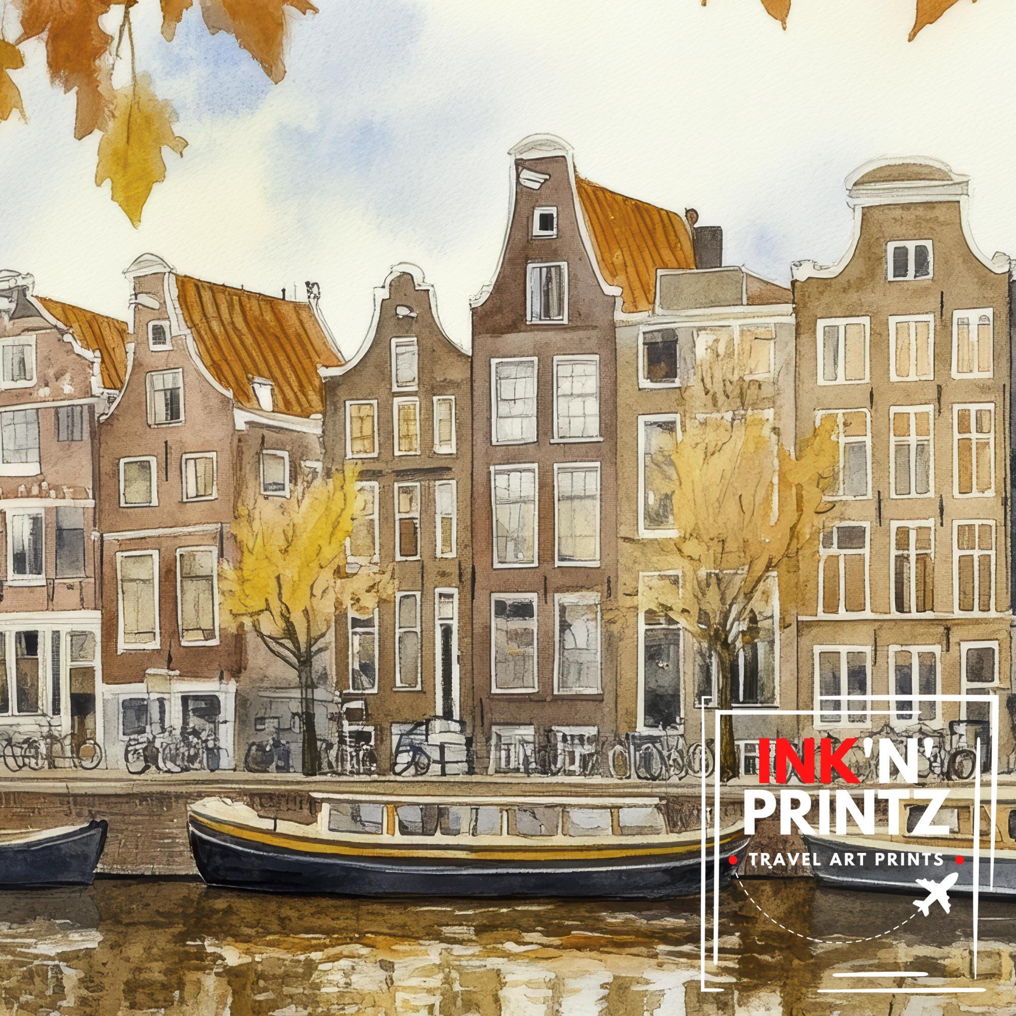 Amsterdam Watercolour Painting Poster Netherlands Wall Art City Canal Houses Landscape Print Gift for Europe Lovers and Fans of Scenic Dutch