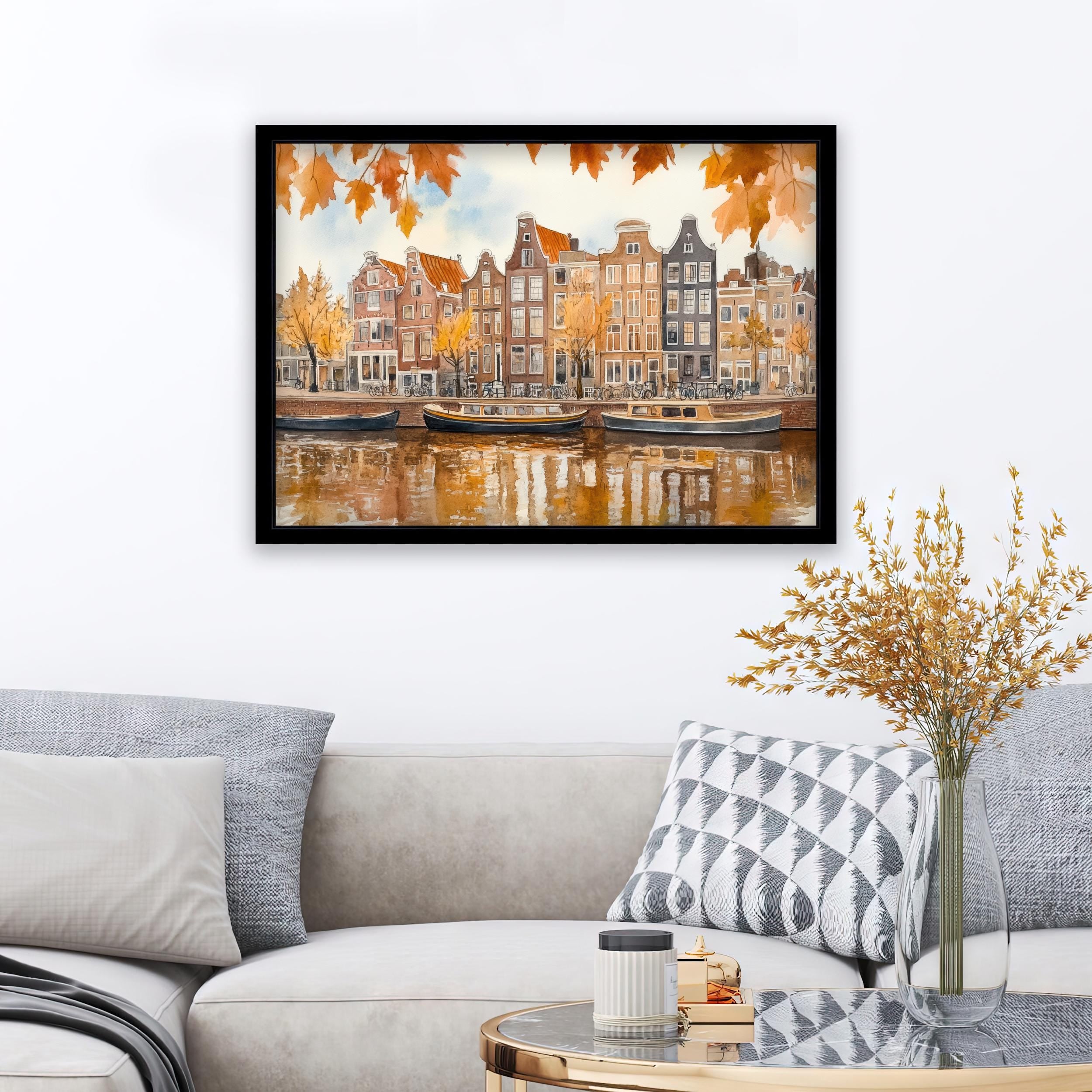 Amsterdam Watercolour Painting Poster Netherlands Wall Art City Canal Houses Landscape Print Gift for Europe Lovers and Fans of Scenic Dutch