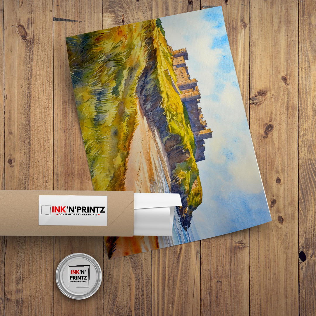 Bamburgh Castle Northumberland Travel Poster Print England Wall Art Coastal Landscape Gift for UK History Lovers and Fans of Scenic British