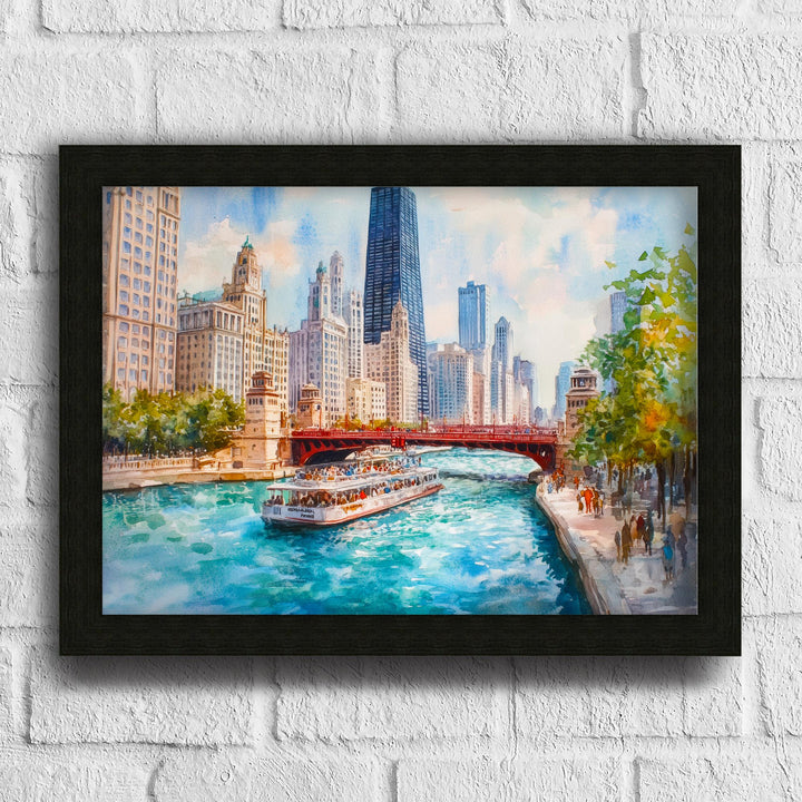 Chicago Watercolor Painting Poster USA Wall Art City Skyline Landscape Print Gift for American Travel Lovers and Fans of Scenic Illinois