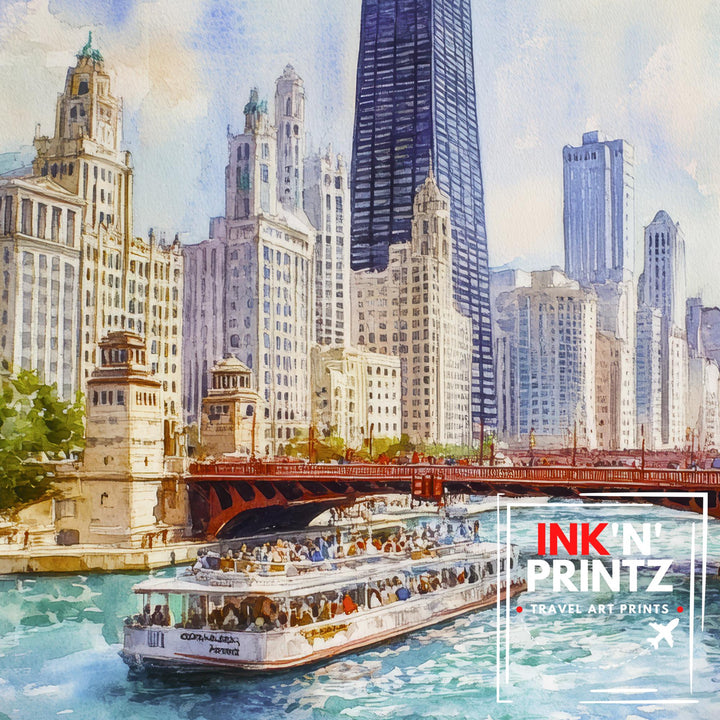 Chicago Watercolor Painting Poster USA Wall Art City Skyline Landscape Print Gift for American Travel Lovers and Fans of Scenic Illinois