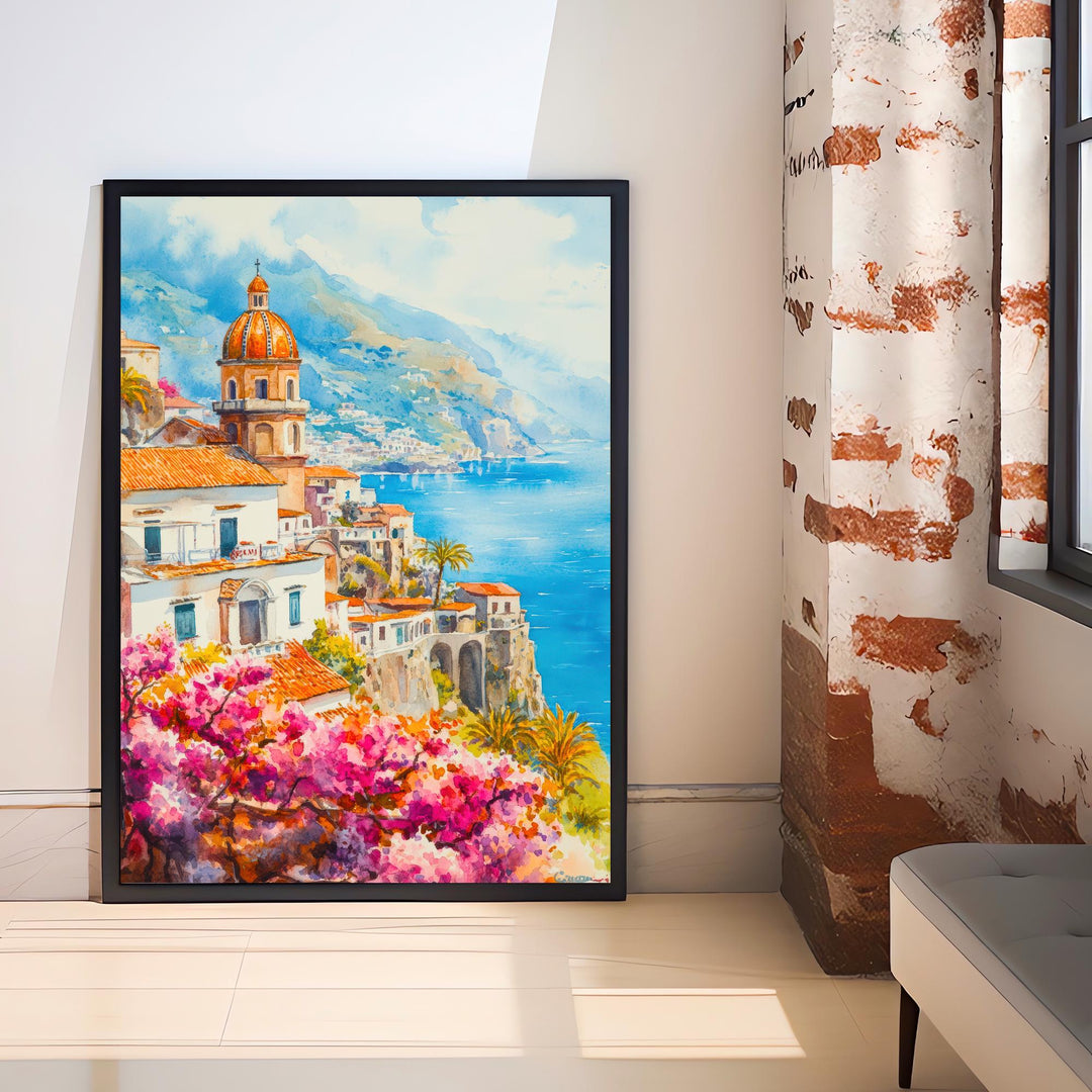 Amalfi Coast Watercolour Painting Poster Italy Wall Art Mediterranean Coastal Print Gift for Europe Lovers and Fans of Scenic Italian