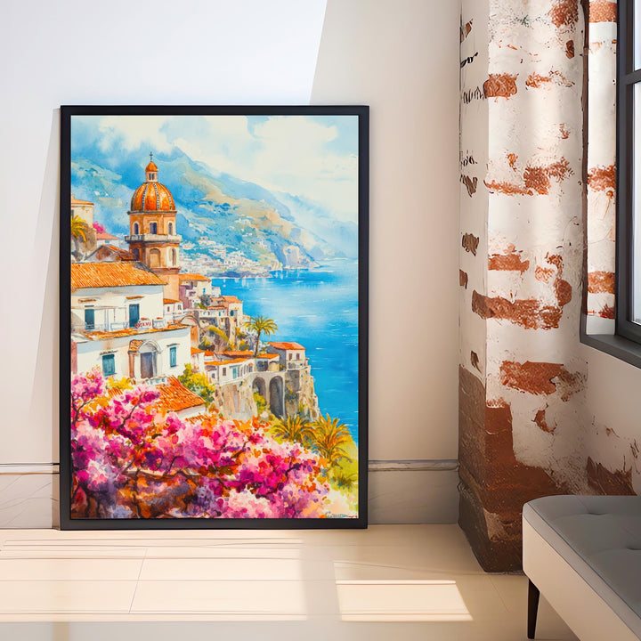 Amalfi Coast Watercolour Painting Poster Italy Wall Art Mediterranean Coastal Print Gift for Europe Lovers and Fans of Scenic Italian