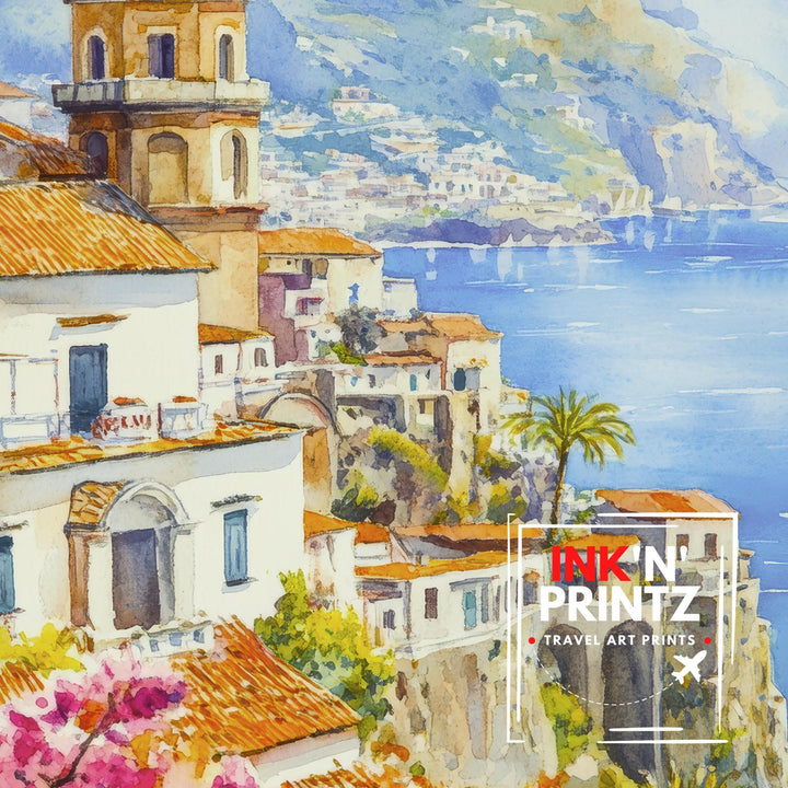 Amalfi Coast Watercolour Painting Poster Italy Wall Art Mediterranean Coastal Print Gift for Europe Lovers and Fans of Scenic Italian