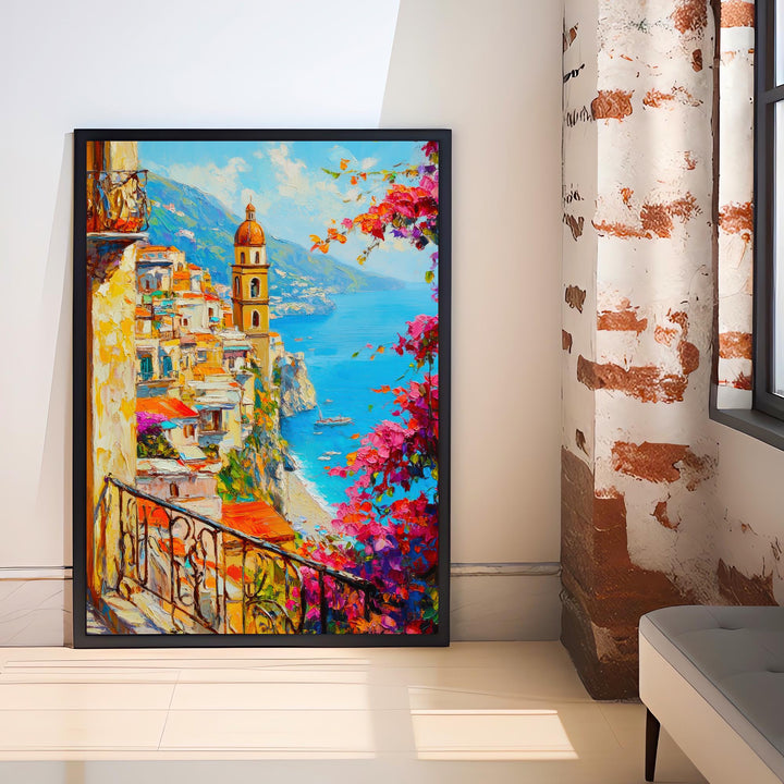 Amalfi Coast Oil Painting Poster Italy Wall Art Mediterranean Coastal Print Gift for Europe Lovers and Fans of Scenic Italian Seaside