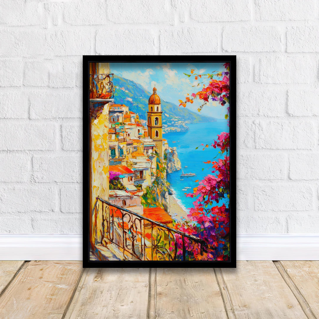 Amalfi Coast Oil Painting Poster Italy Wall Art Mediterranean Coastal Print Gift for Europe Lovers and Fans of Scenic Italian Seaside