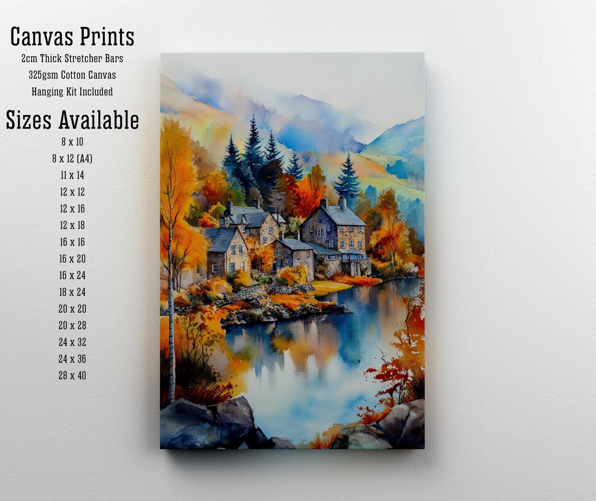 Ambleside Lake District Watercolour Painting Poster England Wall Art Countryside Landscape Print Gift for UK Nature Lovers and Fans