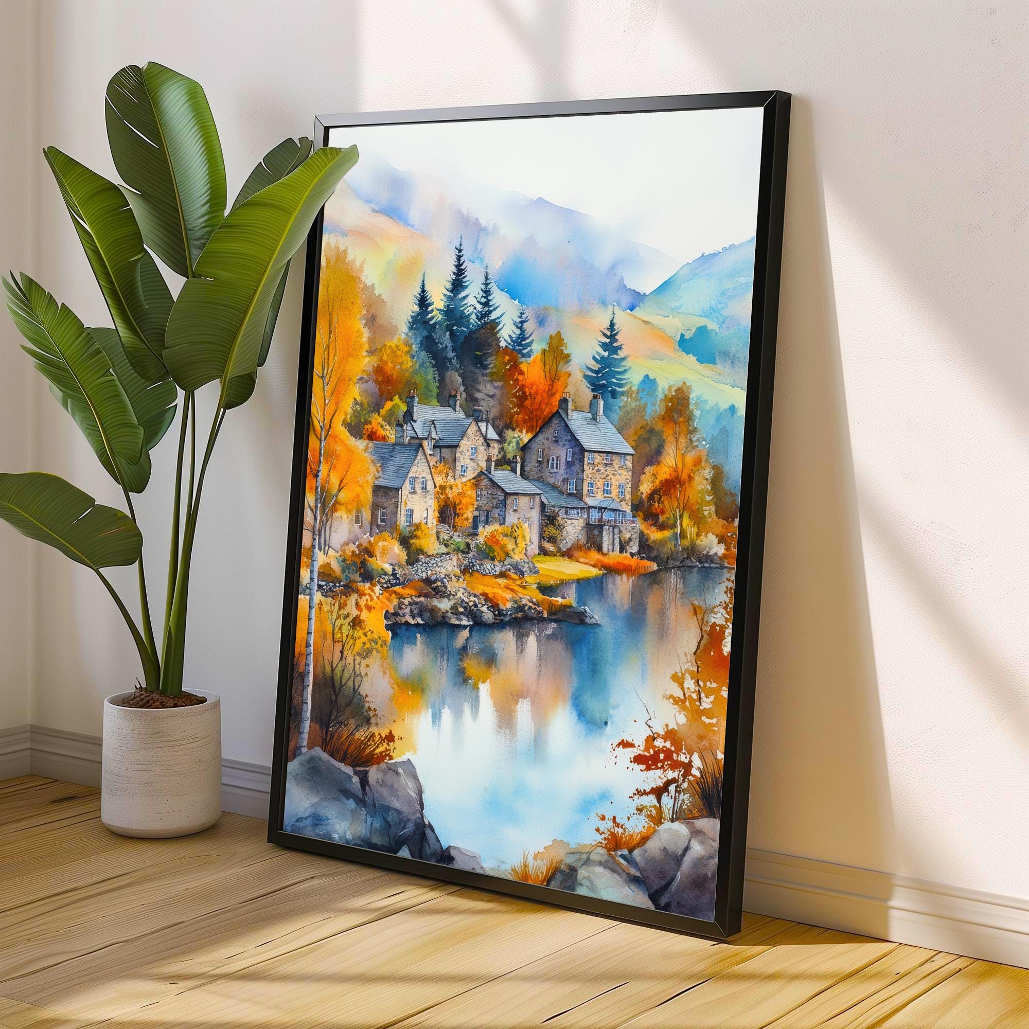 Ambleside Lake District Watercolour Painting Poster England Wall Art Countryside Landscape Print Gift for UK Nature Lovers and Fans