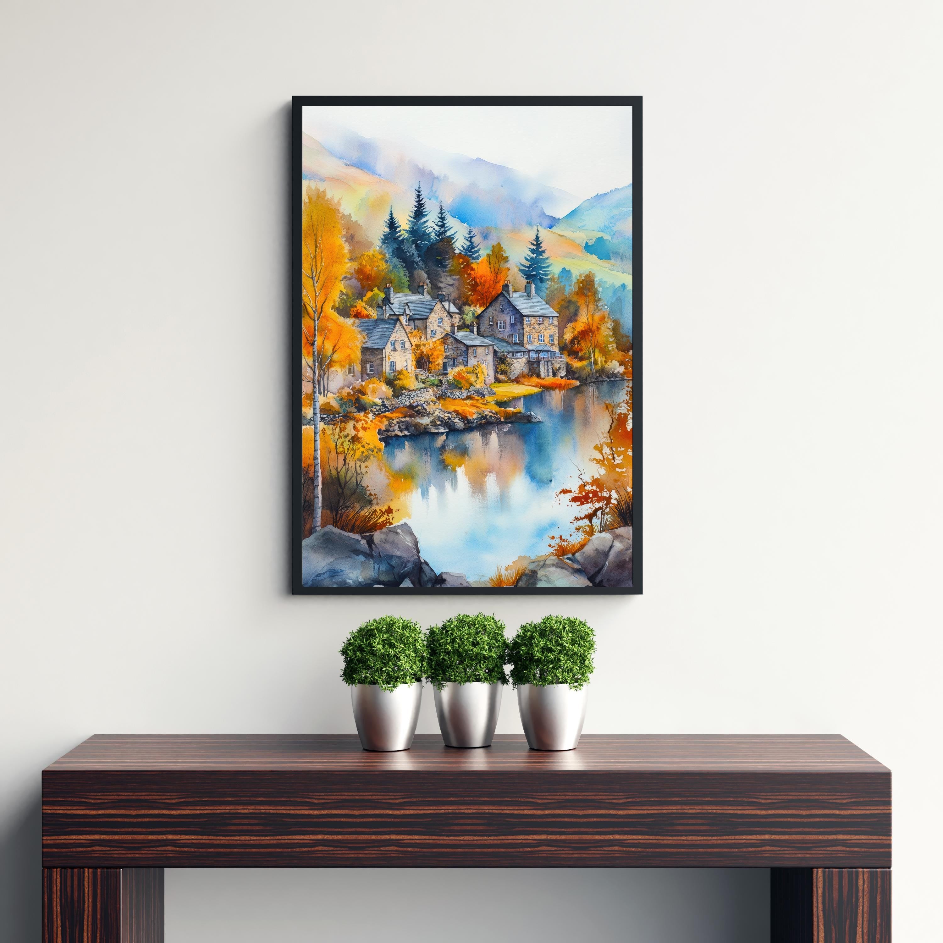 Ambleside Lake District Watercolour Painting Poster England Wall Art Countryside Landscape Print Gift for UK Nature Lovers and Fans