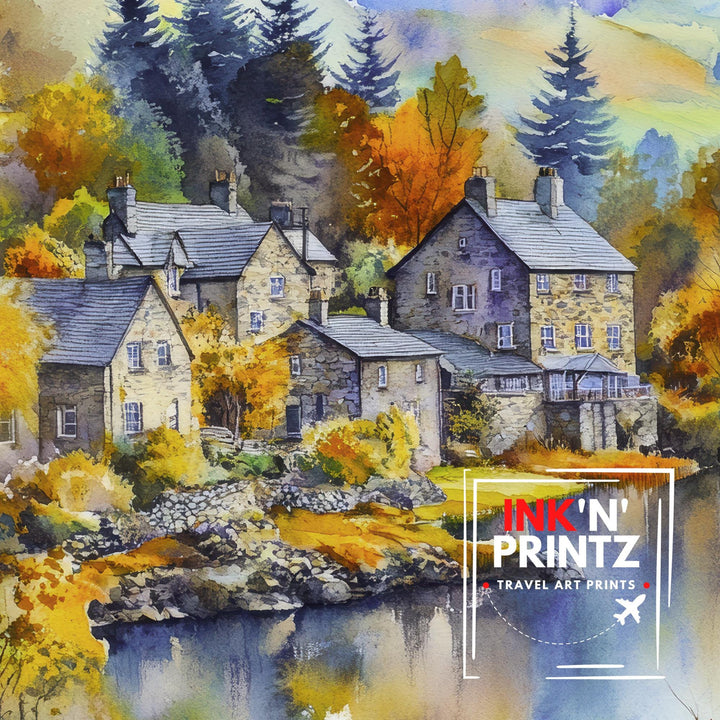 Ambleside Lake District Watercolour Painting Poster England Wall Art Countryside Landscape Print Gift for UK Nature Lovers and Fans