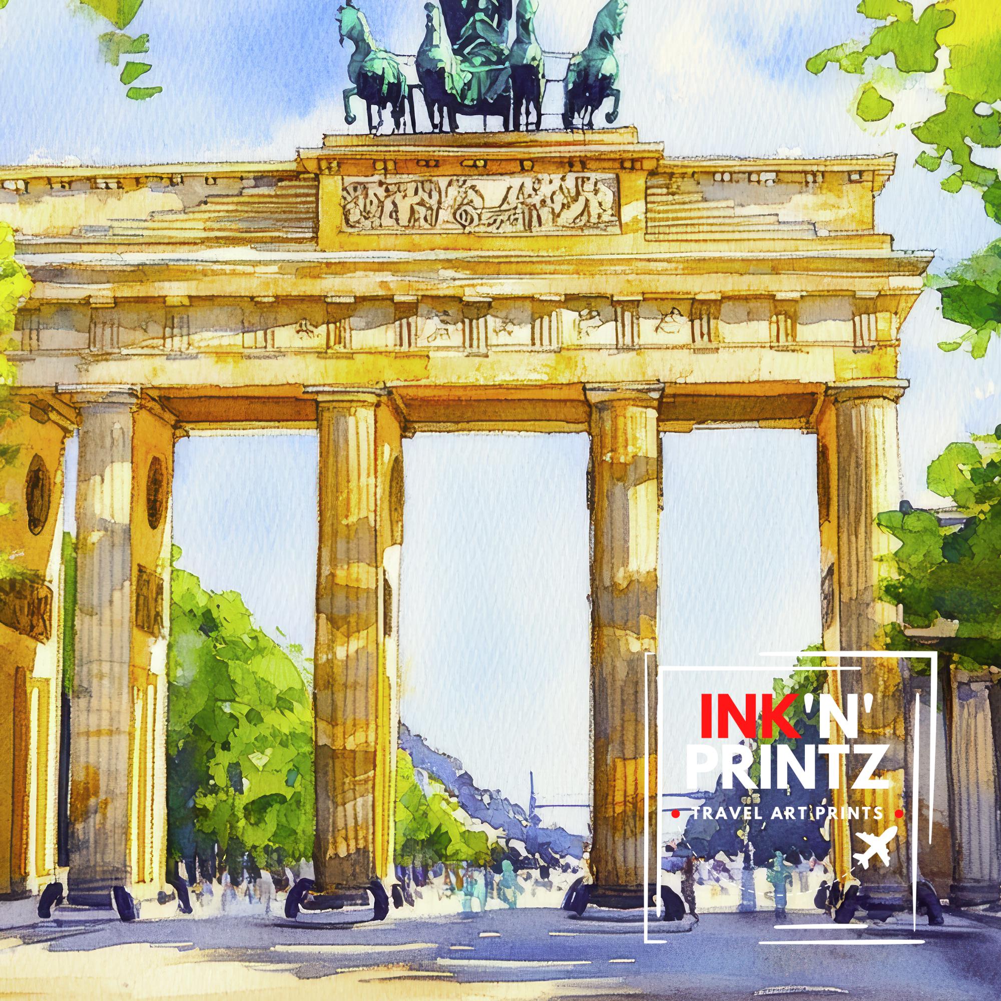 Berlin Watercolour Painting Poster Germany Wall Art Historic City Print Brandenburg Gate Skyline Decor Gift for Europe Lovers and Fans