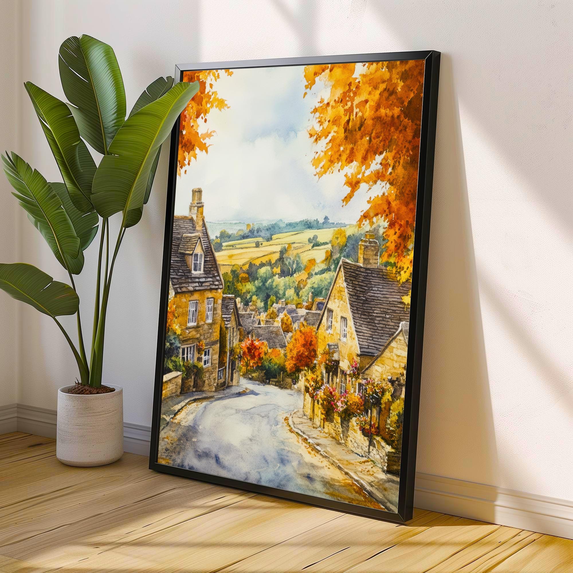 Broadway Watercolour Painting Poster Cotswolds England Wall Art Countryside Village Print Decor Gift for UK Nature Lovers and Fans of Scenic