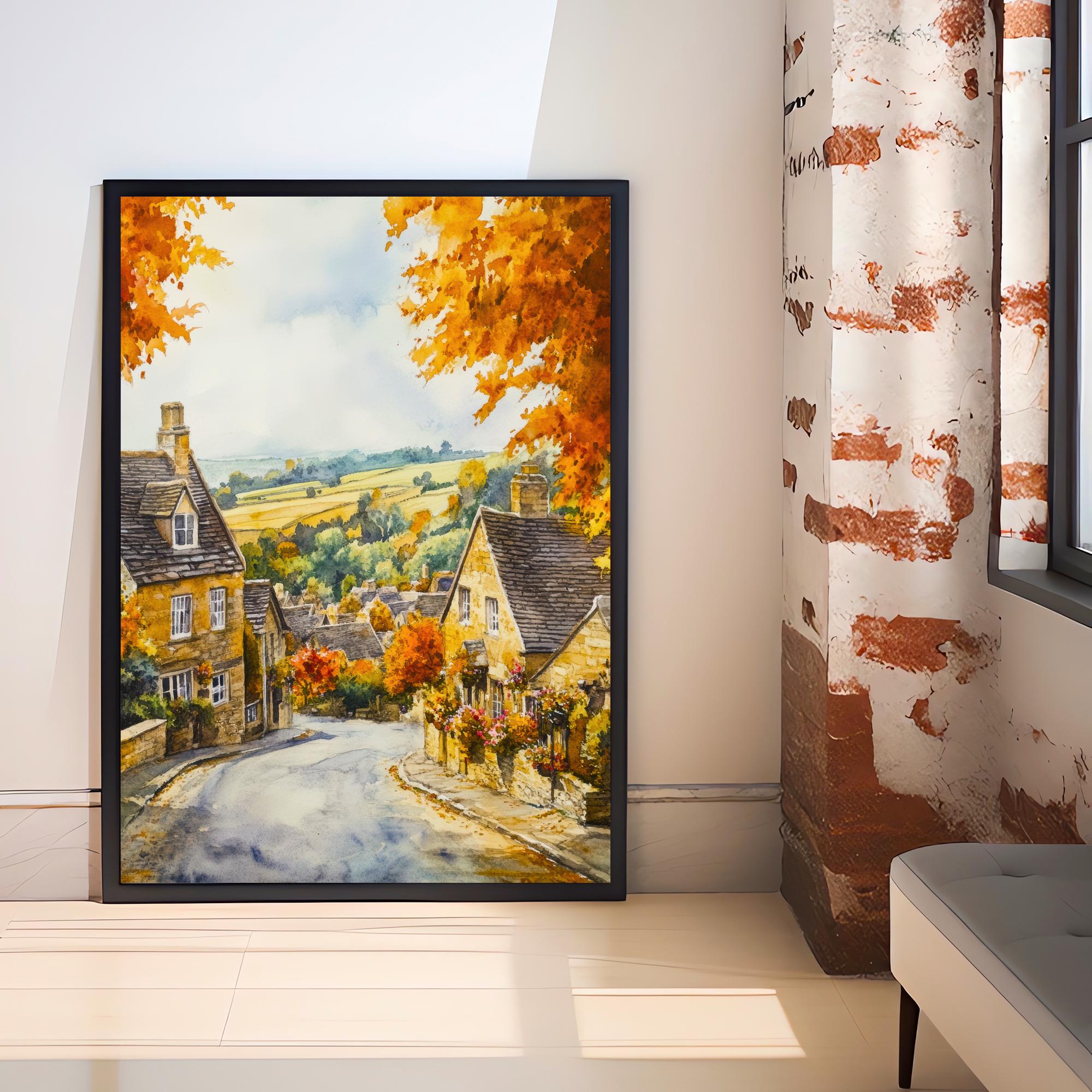 Broadway Watercolour Painting Poster Cotswolds England Wall Art Countryside Village Print Decor Gift for UK Nature Lovers and Fans of Scenic