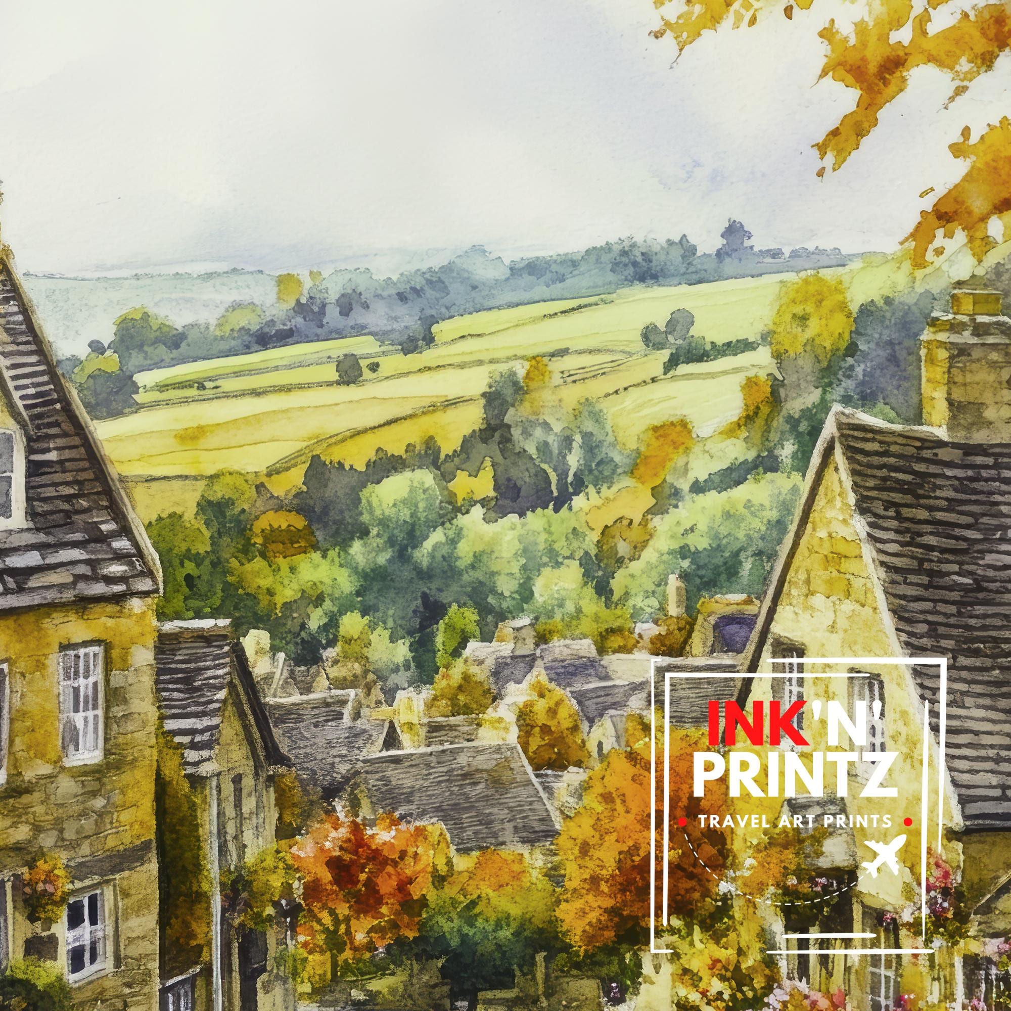 Broadway Watercolour Painting Poster Cotswolds England Wall Art Countryside Village Print Decor Gift for UK Nature Lovers and Fans of Scenic