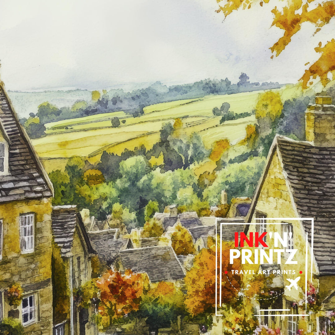 Broadway Watercolour Painting Poster Cotswolds England Wall Art Countryside Village Print Decor Gift for UK Nature Lovers and Fans of Scenic