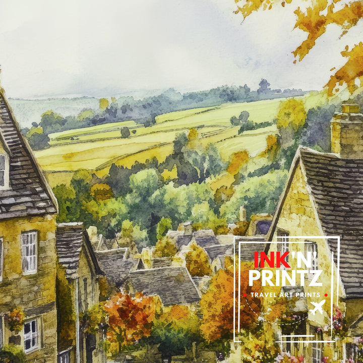 Broadway Watercolour Painting Poster Cotswolds England Wall Art Countryside Village Print Decor Gift for UK Nature Lovers and Fans of Scenic
