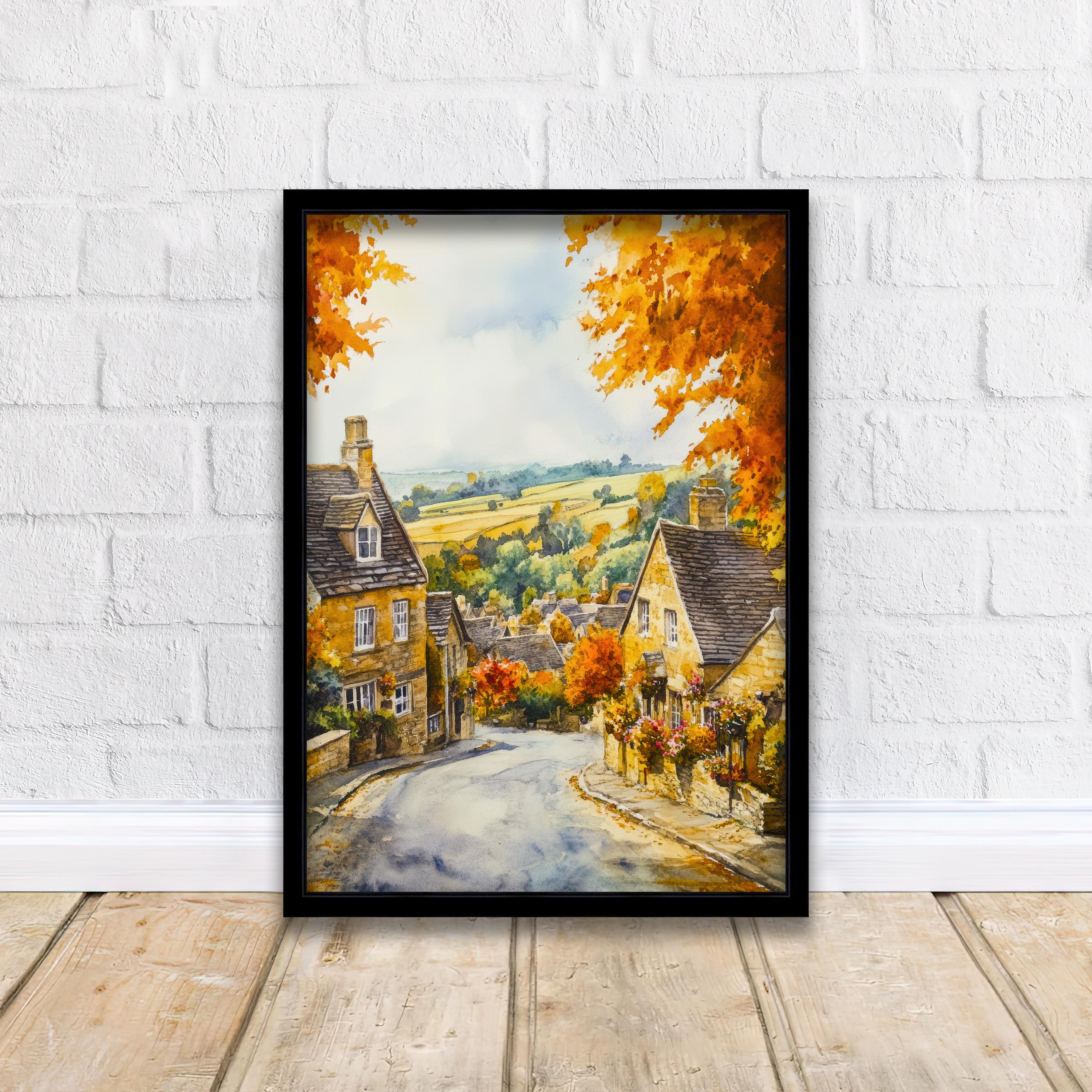 Broadway Watercolour Painting Poster Cotswolds England Wall Art Countryside Village Print Decor Gift for UK Nature Lovers and Fans of Scenic