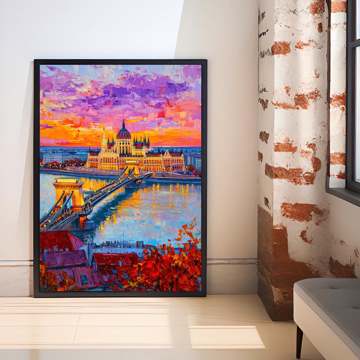Budapest Oil Painting Poster Hungary Wall Art Danube River City Print Parliament Building Skyline Decor Gift for Europe Lovers and Fans