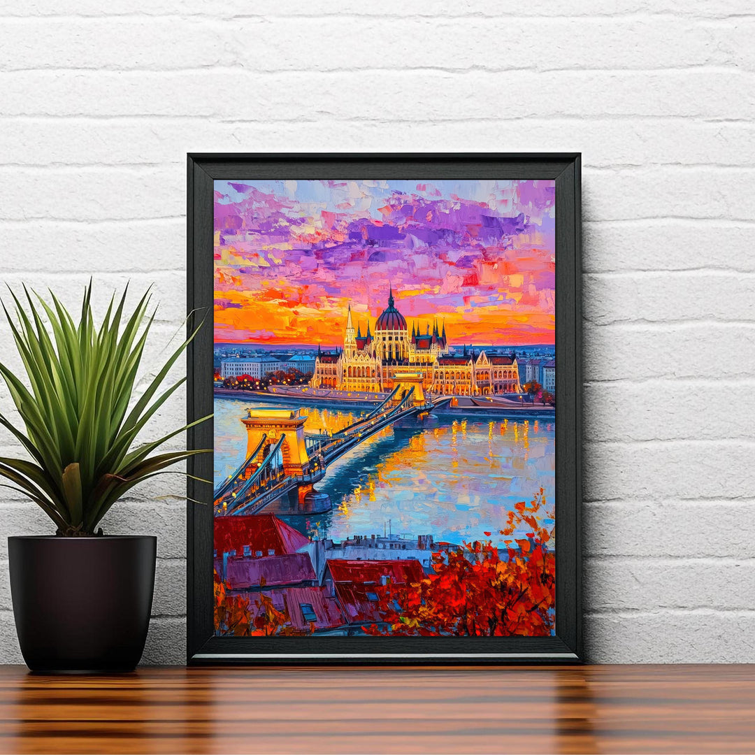 Budapest Oil Painting Poster Hungary Wall Art Danube River City Print Parliament Building Skyline Decor Gift for Europe Lovers and Fans